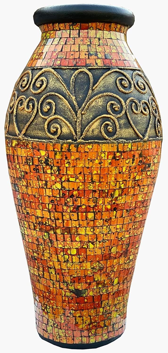 Floor Vase – Tall Cylinder Made of Terracotta with Red, Orange, Yellow, and Black Glass Mosaic Pieces – Exquisite Home Décor Accent Piece (18 x 10 Inches)