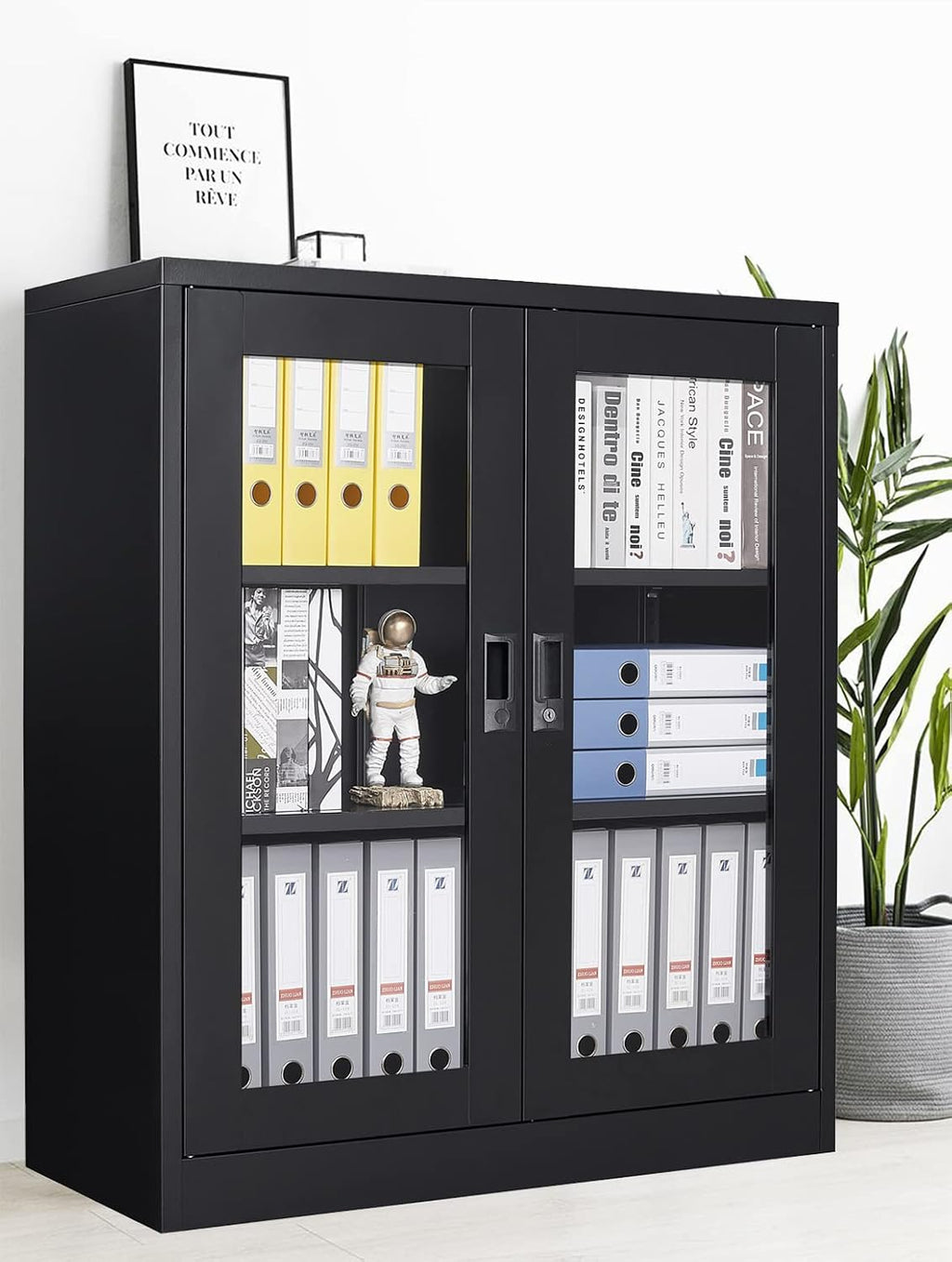 SISESOL Black Metal Storage Cabinet with Doors and Shelves,36 inch Locking Display Cabinet with Acrylic Doors,Office Cabinets with Lock,Sideboard Cabinets for Home Office,Living/Dining/Utility Room,