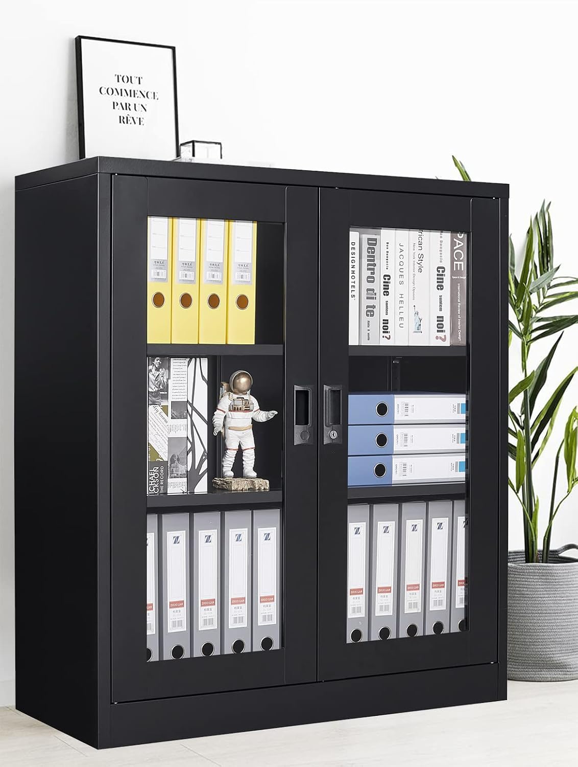 SISESOL Black Metal Storage Cabinet with Doors and Shelves,36 inch Locking Display Cabinet with Acrylic Doors,Office Cabinets with Lock,Sideboard Cabinets for Home Office,Living/Dining/Utility Room,