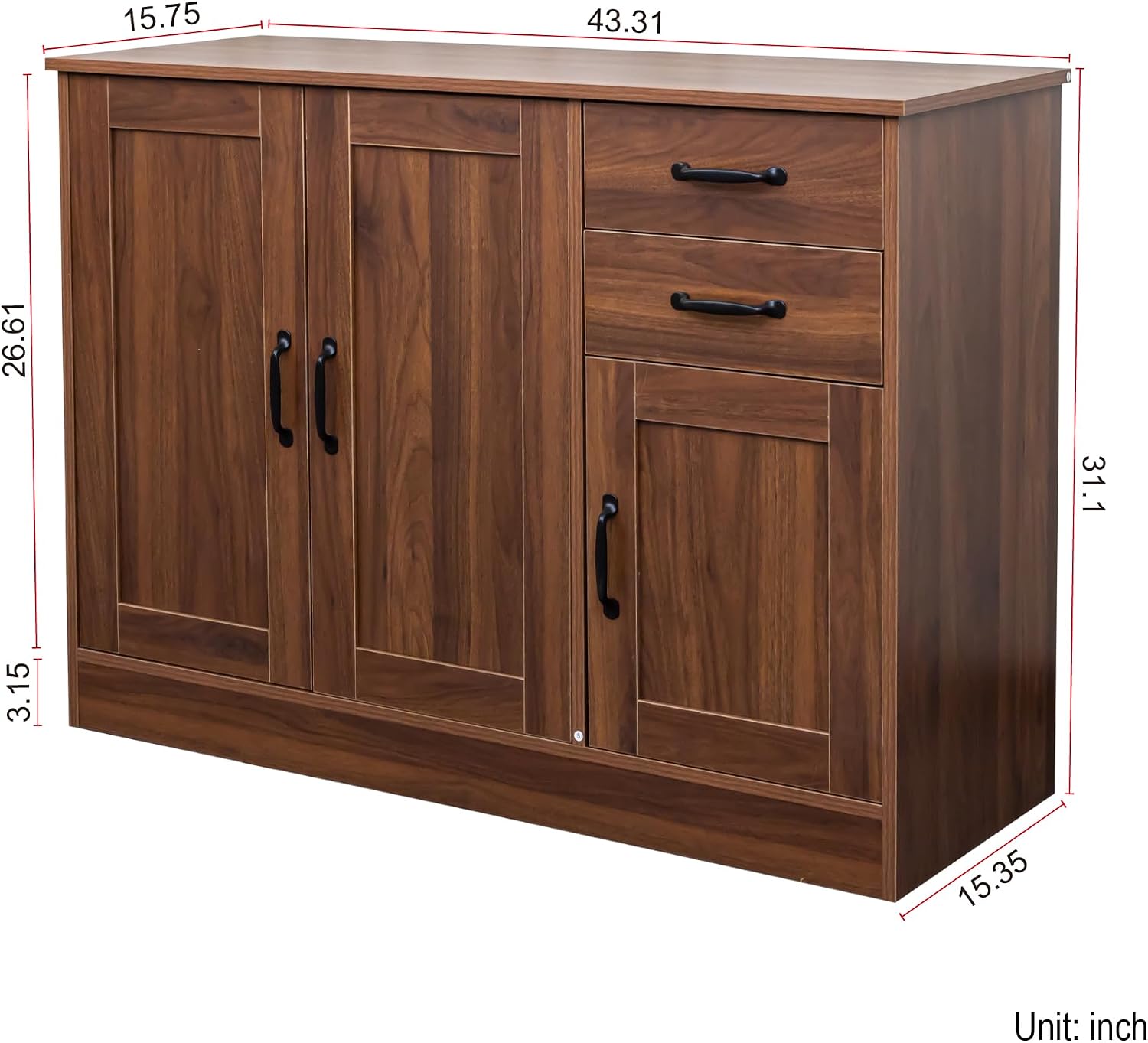 43' Modern Wood Freestanding Storage Cabinet, Kitchen Storage Bakers Rack with Easy Clean, Utility Food Cupboard with 2 Drawers for Dining Room Organization, Walnut