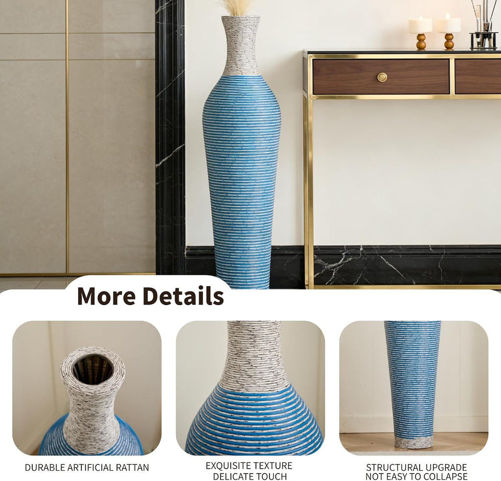 39-Inch Tall Vintage Floor Vase - Premium PVC Rattan Weave, Large Blue Striped Standing Vase, Flower Holder for Home Decor (Blue)