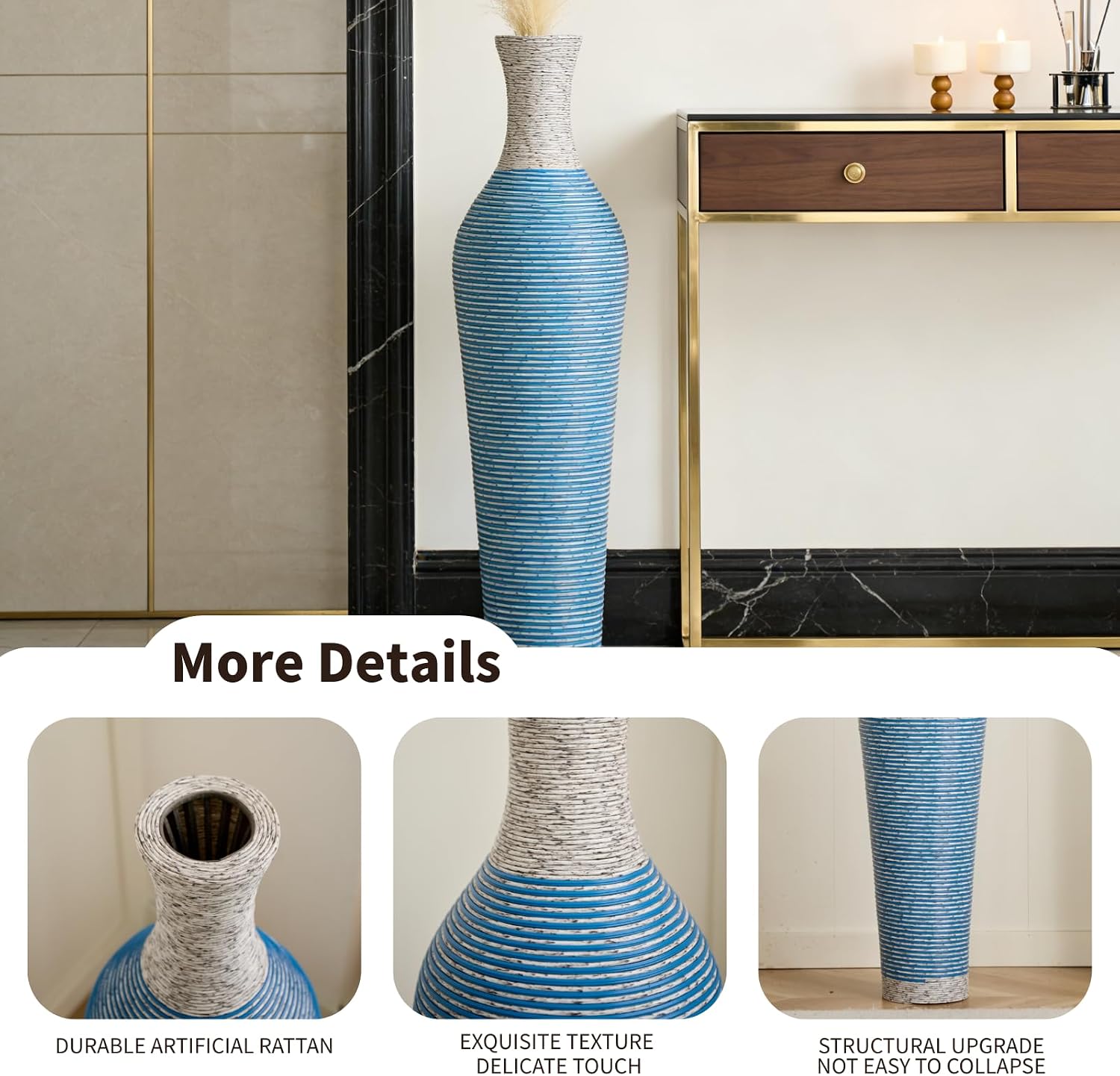 39-Inch Tall Vintage Floor Vase - Premium PVC Rattan Weave, Large Blue Striped Standing Vase, Flower Holder for Home Decor (Blue)