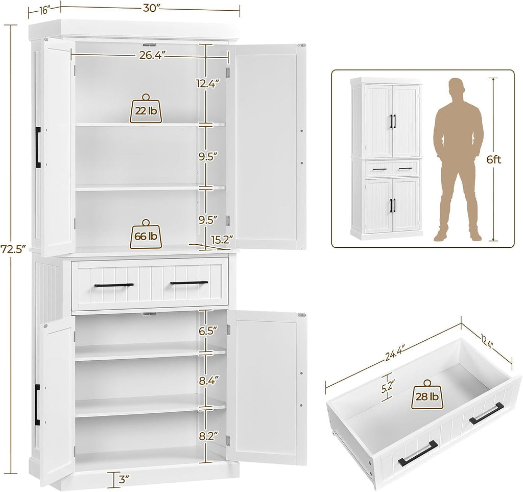 Yaheetech Kitchen Pantry Storage Cabinet with 4 Doors and 2 Adjustable Shelves, 72.5' Freestanding Tall Cupboard Cabinet with Drawer for Dining/Living Room, White