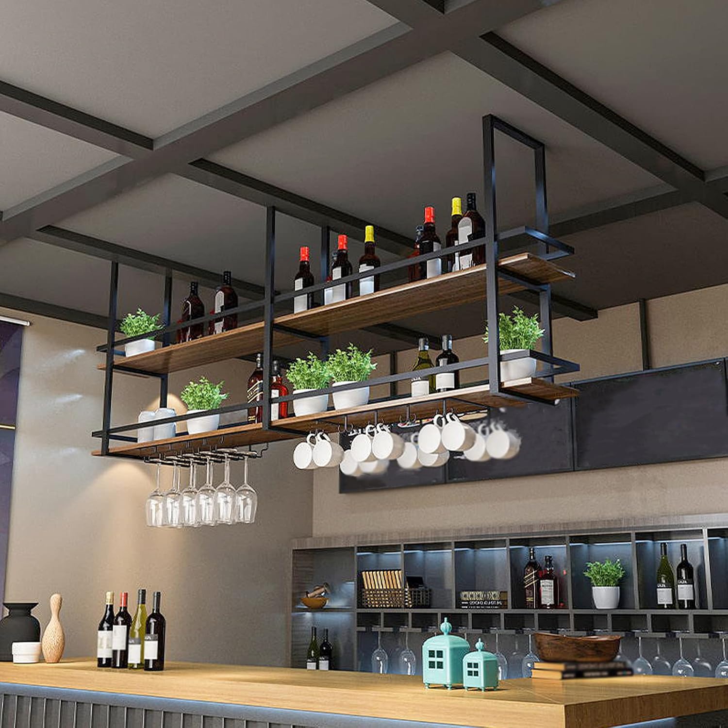 Ceiling Wine Glass Rack - 63in Hanging Wine Rack with Glass Holder and Shelf, 2 Layer Industrial Hanging Wine Bottle Holder, Black Metal Ceiling Shelf for Bar Cafe Kitchen (63×11.8×31.4in, Black)