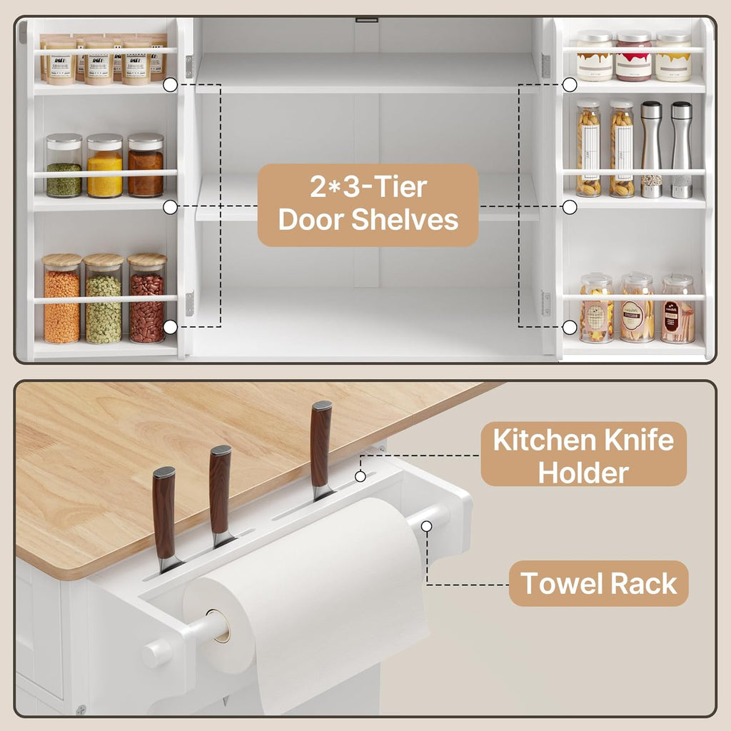 Ahomly Kitchen Island with Storage, 44.49' Kitchen Island with Trash Can Storage, Drop Leaf Rubberwood Top, Knife Holder, Adjustable Shelf, Towel Bar, Drawer, Spice Rack, White