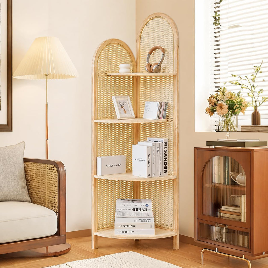 70' Tall Corner Bookshelf, 4-Tier Rattan Corner Shelf Stand for Small Spaces - Solid Wood Frame Display Organizer Rack, 90° Flush Wall Fit, Natural