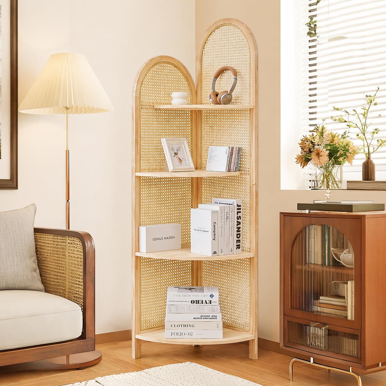 70' Tall Corner Bookshelf, 4-Tier Rattan Corner Shelf Stand for Small Spaces - Solid Wood Frame Display Organizer Rack, 90° Flush Wall Fit, Natural