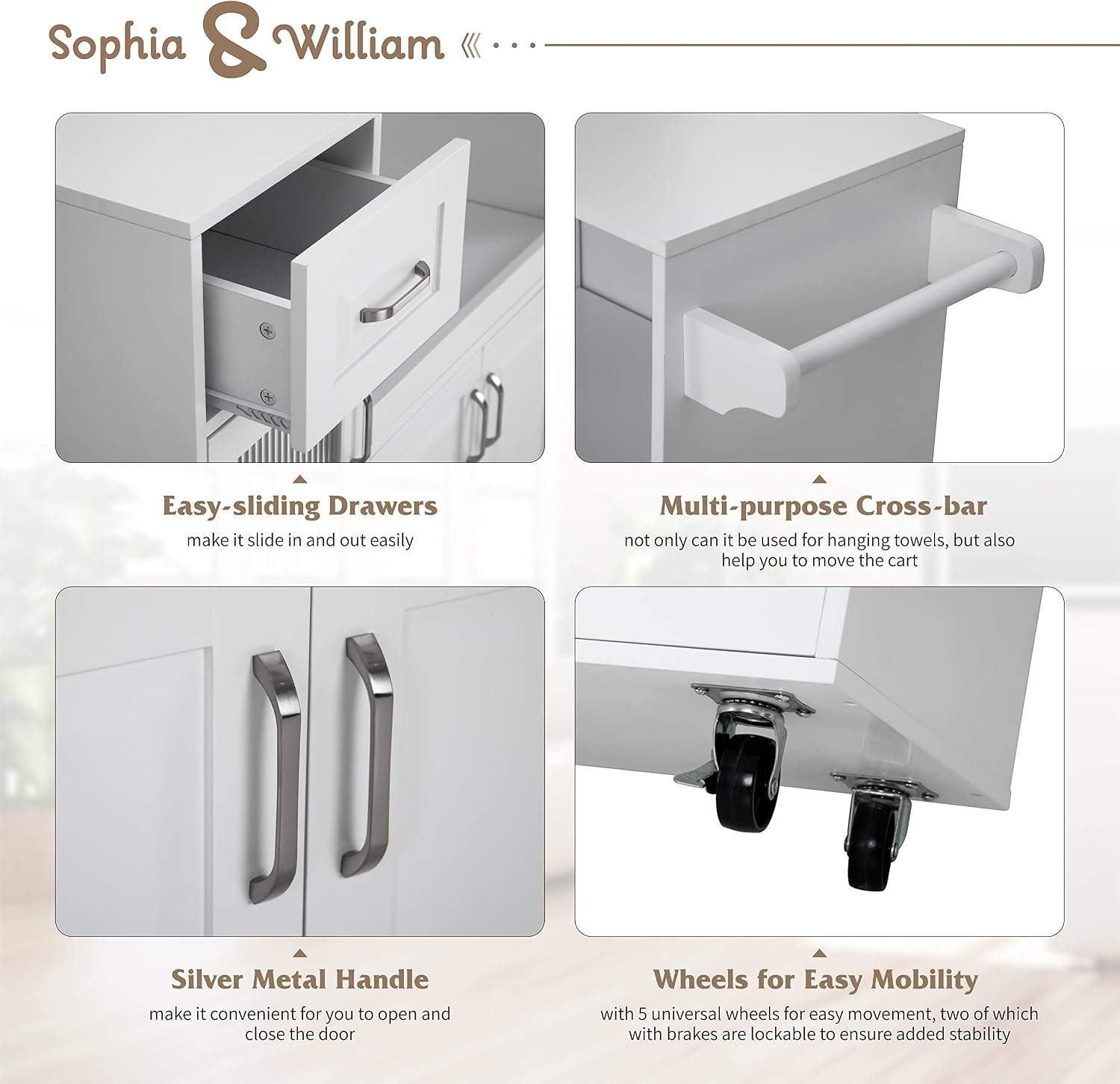 Sophia & William Kitchen Island Cart on Wheels with Extendable Tray, Adjustable Shelf and Glass Door, Mobile Kitchen Storage Islands Rolling Kitchen Trolley with Cabinets, Drawer and Towel Rack, White