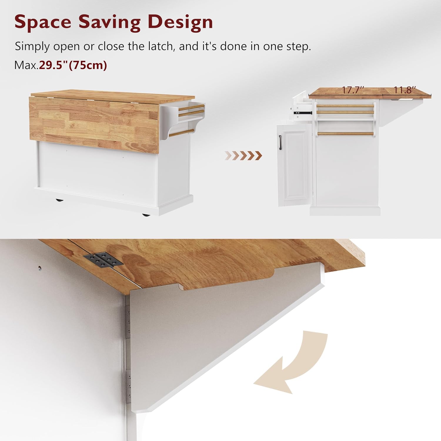 54' Rolling Storage Kitchen Island Cart on 4 Wheels with Drop Leaf, Embossed Texture, 4 Doors and 3 Drawers for Kitchen, Dining Room, White, Rubber Wood Top