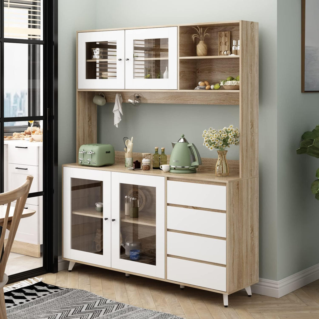 FUFU&GAGA 74.8' Tall Kitchen Pantry Cabinet with 4 Drawers, 4 Doors & Microwave Stand, Freestanding Hutch Cabinet with Buffet Cupboard for Kitchen, Dinningroom (Oak/White)