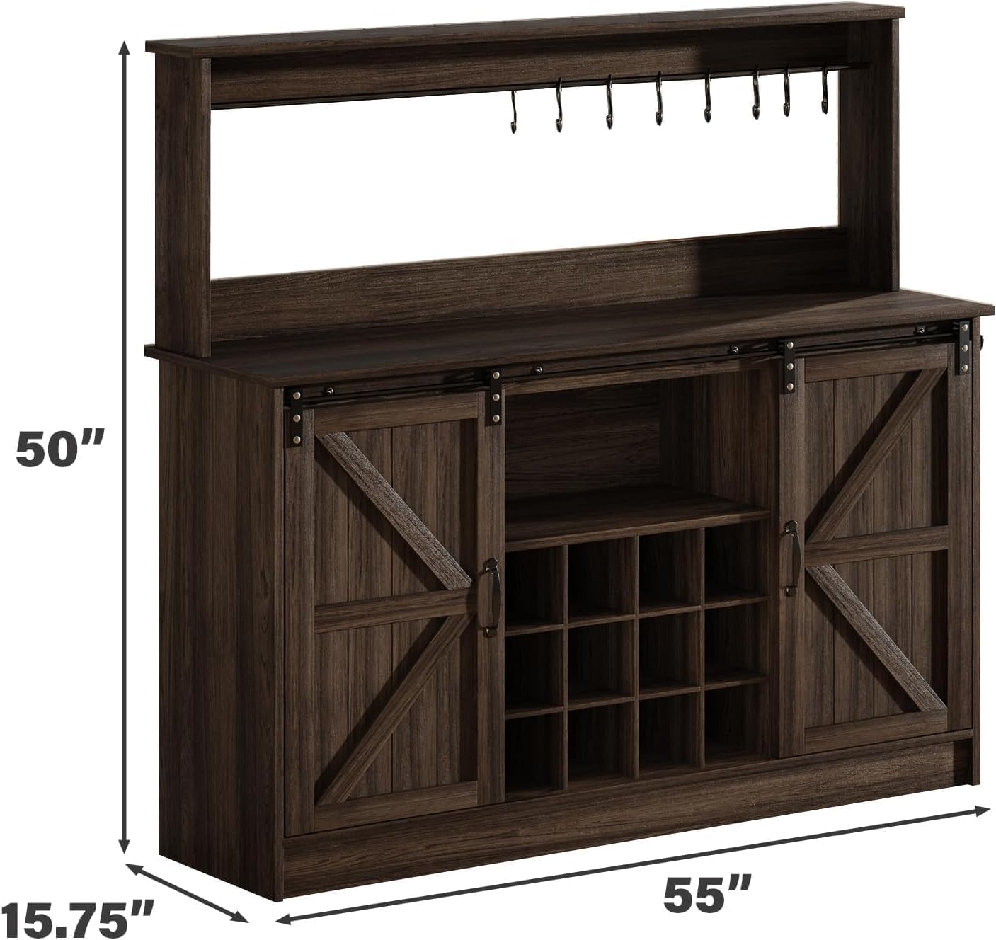 4ever2buy Farmhouse Coffee Bar Cabinet with 8 Hooks, 55' Kitchen Hutch Cabinet with Storage, Gray Coffee Bar with Sliding Barn Doors and 12 Racks for Living Dining Room, Dark Oak