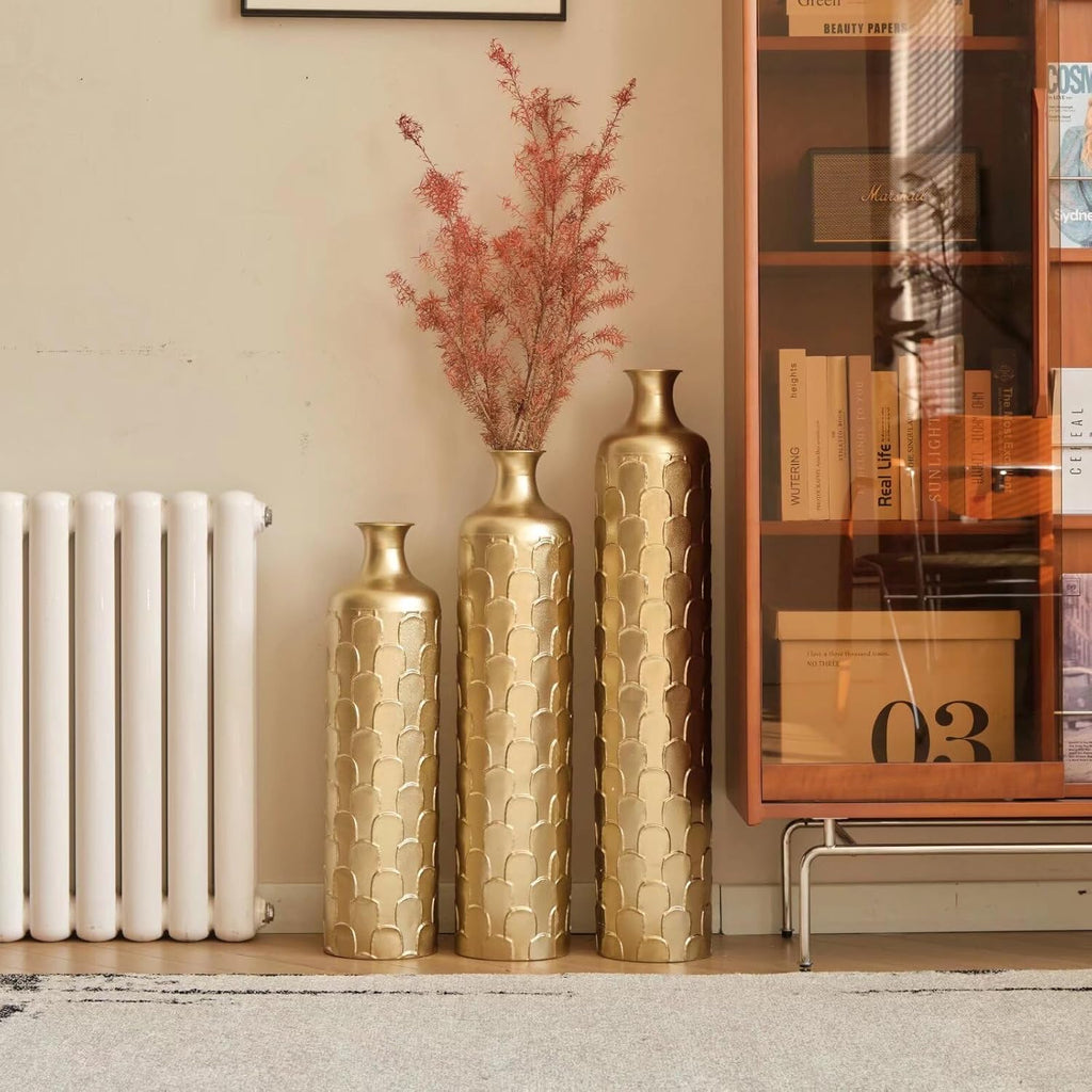 Gold Standing Vase for Floor 3 Piece Floor Vase Sets Living Room Decor Tall Large Metal Vases with Growing Vine Patterns 25.2'/29.33'/34.25' Height