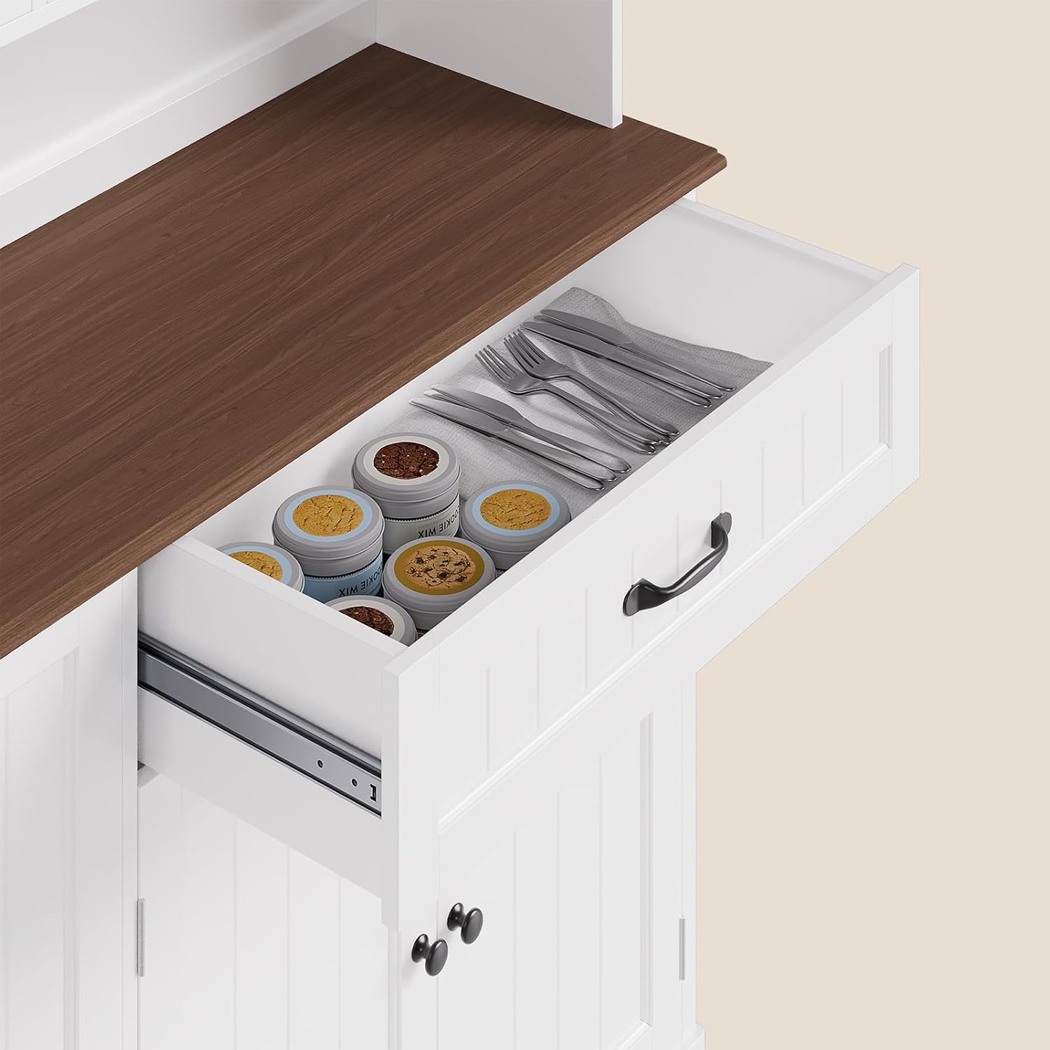 Gizoon Kitchen Pantry Cabinet with Countertop Kitchen Hutch Storage Cabinet 67.7' Tall Pantry Coffee Bar with Storage for Dining Room and Craft Room, White and Rustic