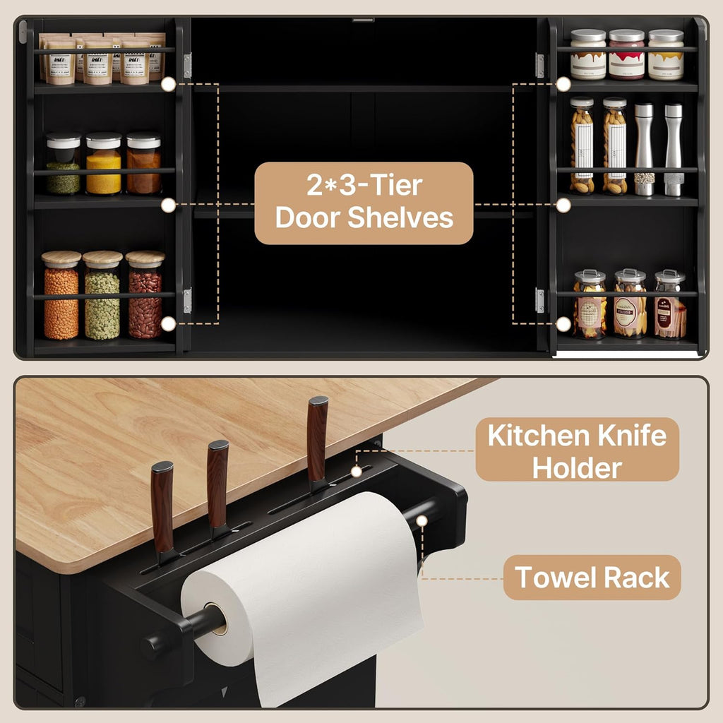 Ahomly Kitchen Island with Storage, 44.49' Kitchen Island with Trash Can Storage, Drop Leaf Rubberwood Top, Knife Holder, Adjustable Shelf, Towel Bar, Drawer, Spice Rack, Black