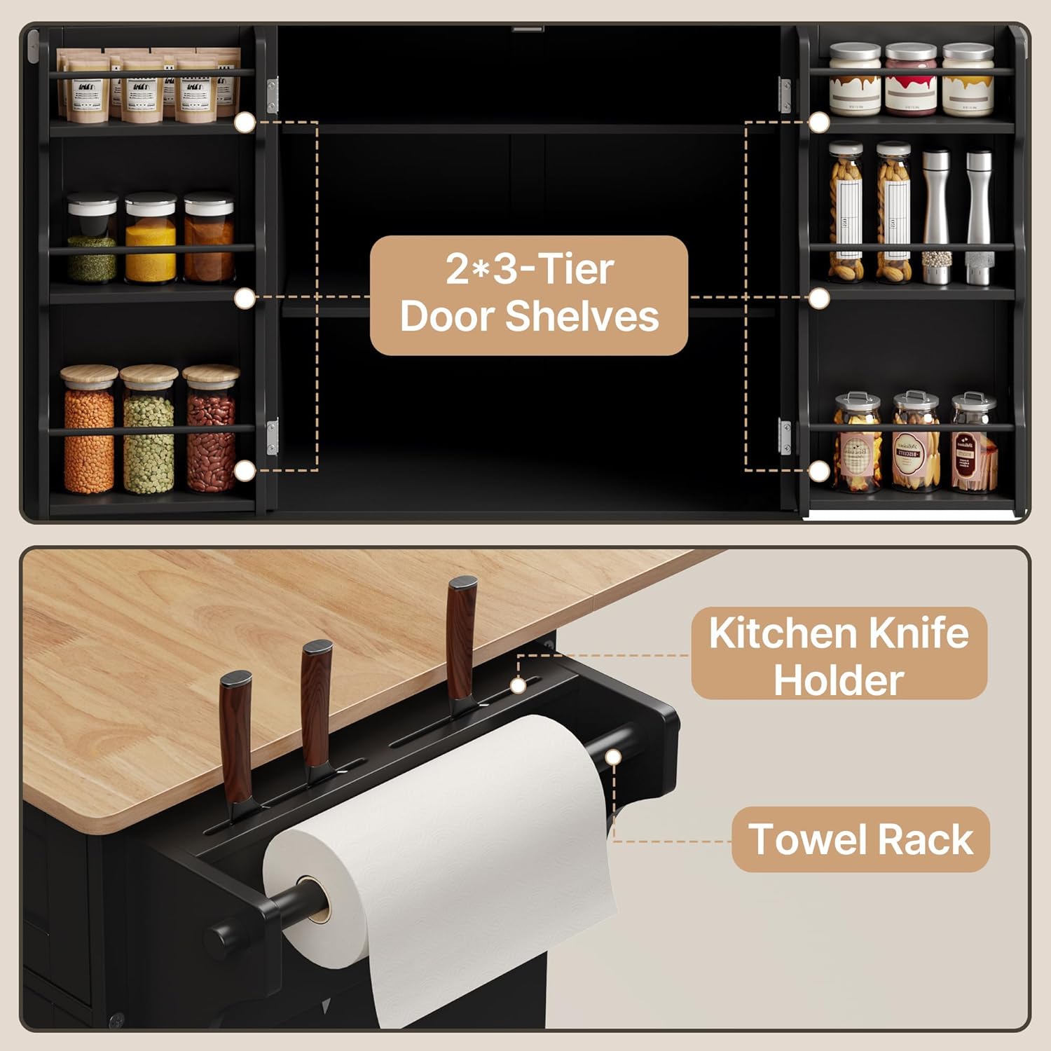 Ahomly Kitchen Island with Storage, 44.49' Kitchen Island with Trash Can Storage, Drop Leaf Rubberwood Top, Knife Holder, Adjustable Shelf, Towel Bar, Drawer, Spice Rack, Black