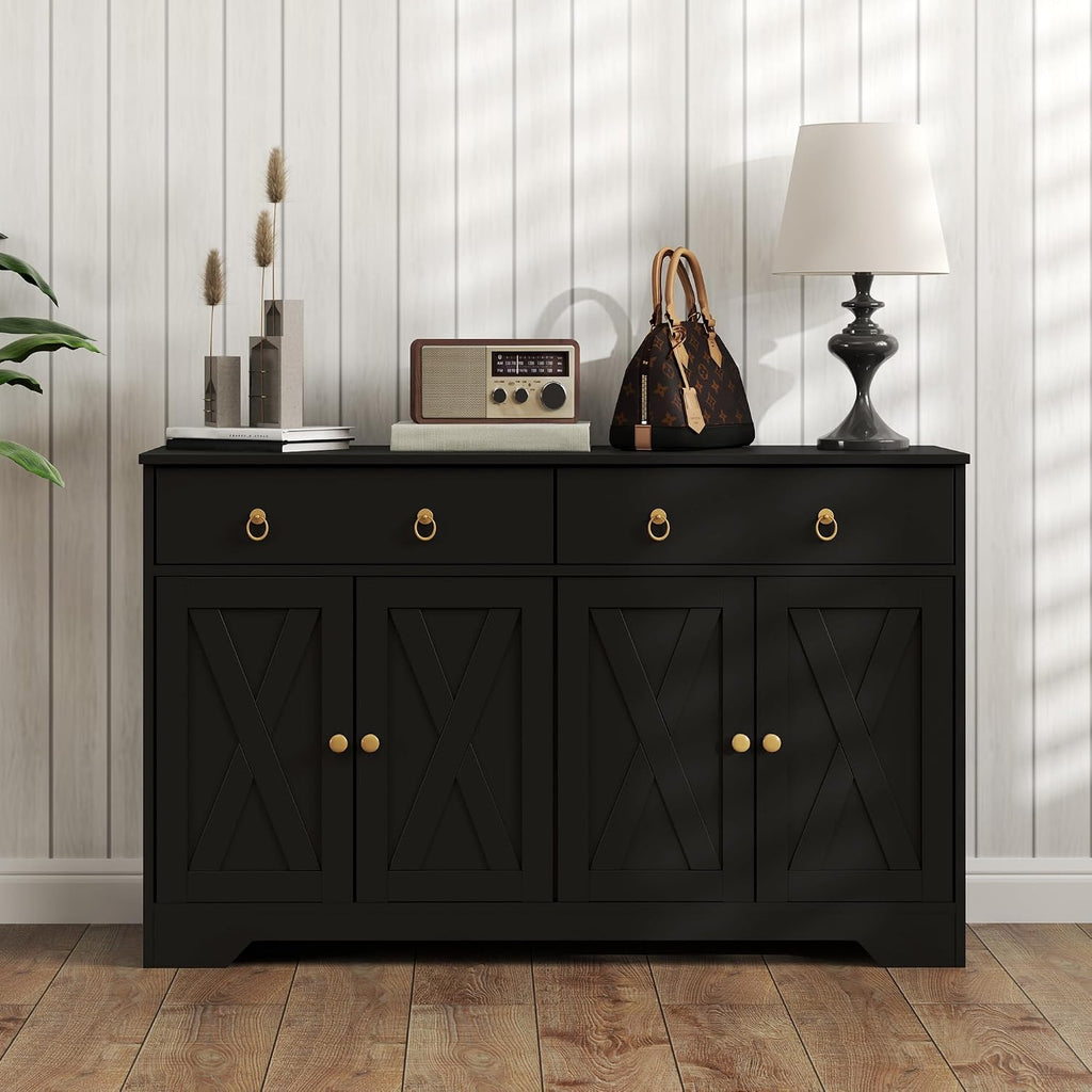HOMCOM 48' Sideboard Buffet with Storage, Kitchen Storage Cabinet with 2 Drawers and 4 Barn Doors, Farmhouse Coffee Bar Cabinet with Adjustable Shelves, Black