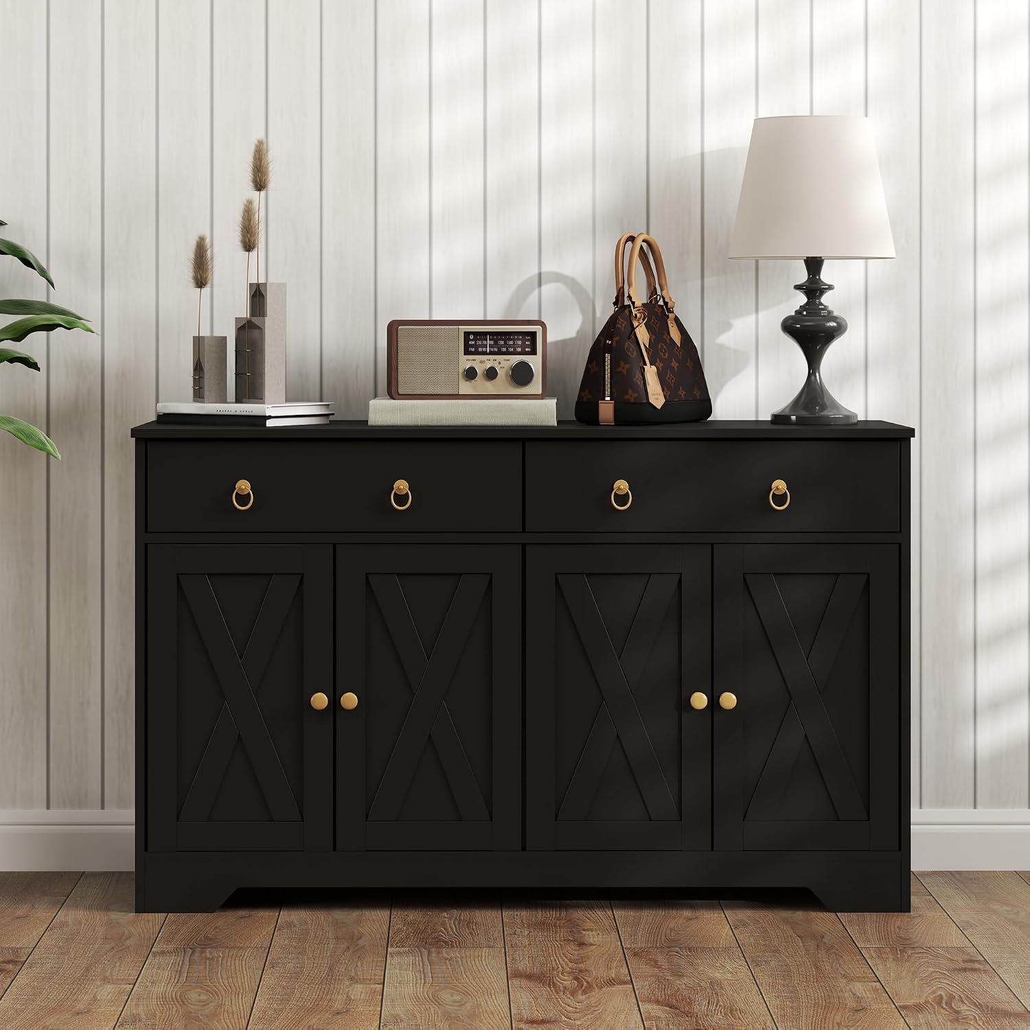 HOMCOM 48' Sideboard Buffet with Storage, Kitchen Storage Cabinet with 2 Drawers and 4 Barn Doors, Farmhouse Coffee Bar Cabinet with Adjustable Shelves, Black