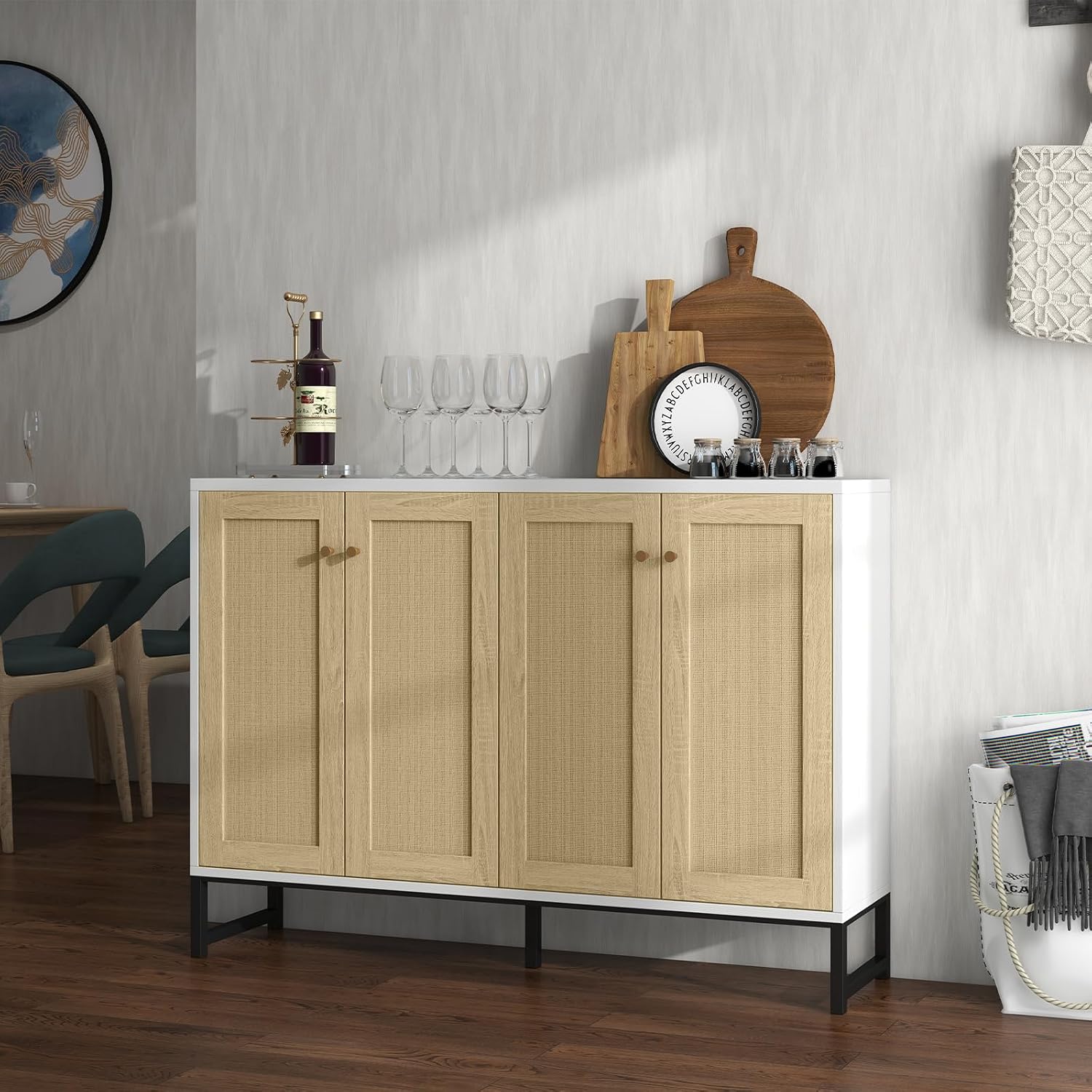 Panana Sideboard Accent Storage Cabinet with Rattan Decorated 4 Doors Dining Room Freestanding Kitchen Buffet Table Cupboard (White)
