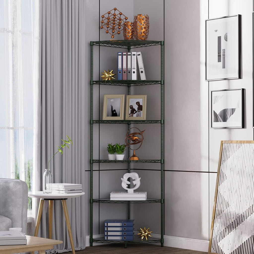 6 Tier NSF Corner Wire Shelf Shelving Unit, 18 x 18 x 72 Inch 420lbs Capacity Heavy Duty Adjustable Metal Storage Rack with Leveling Feet & Shelf Liners for Office Kitchen Bathroom and More - Green