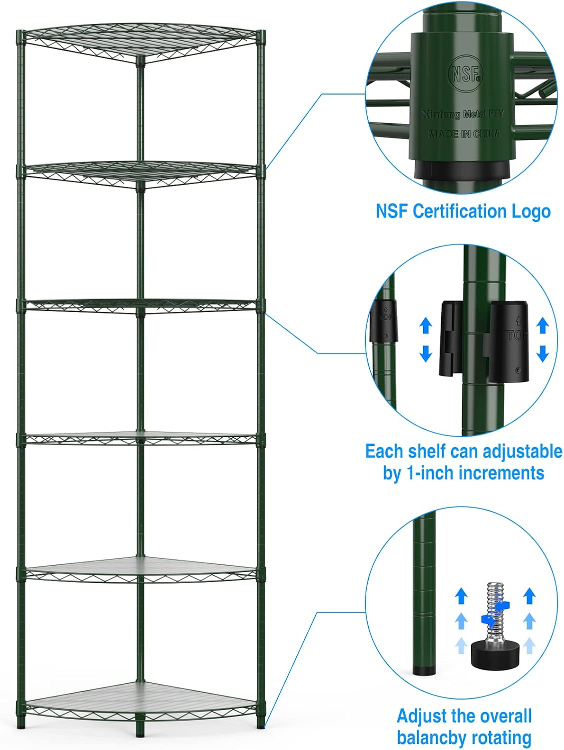 6 Tier NSF Corner Wire Shelf Shelving Unit, 18 x 18 x 72 Inch 420lbs Capacity Heavy Duty Adjustable Metal Storage Rack with Leveling Feet & Shelf Liners for Office Kitchen Bathroom and More - Green
