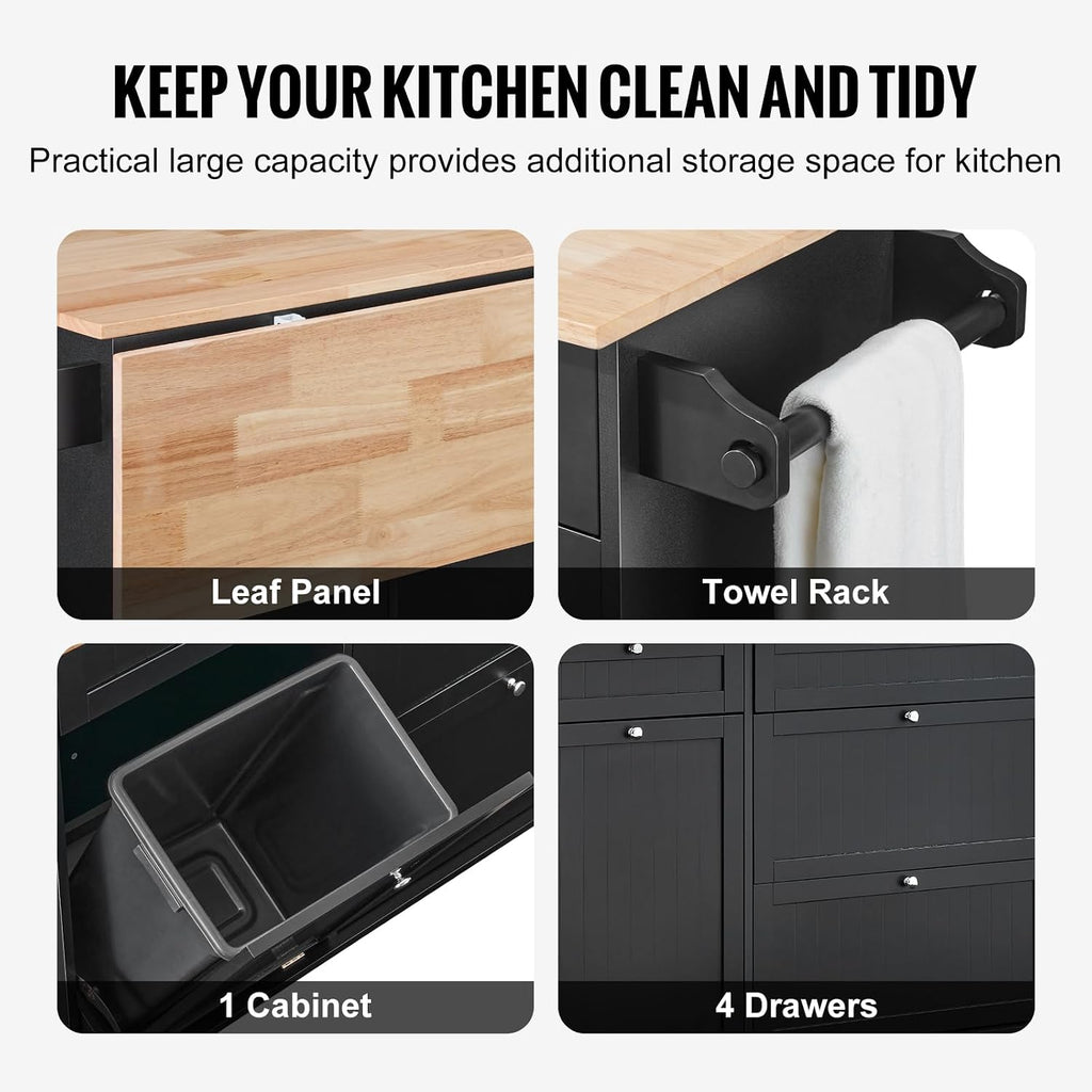 53' Rubber Wood Cupboard, Storage Cabinet with Multi-Functional Hooks, Food Pantry Cabinet with Built-in Trash Cabinet for Kitchen Use, Black