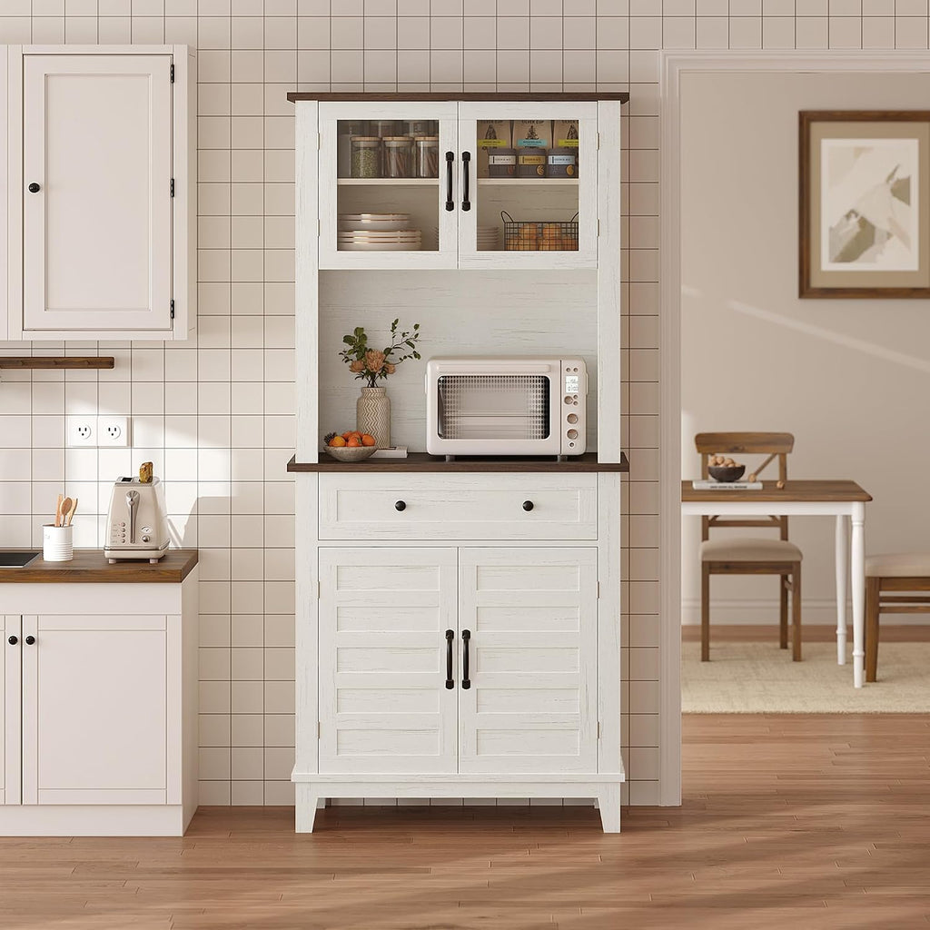 IDEALHOUSE Farmhouse Coffee Bar Cabinet with 2 Glass Doors, 72'' Black Bar Cabinet with 1 Drawer, Tall Wine Bar with Metal Handle, Coffee Bar Hutch with Storage for Living Room (Light White)