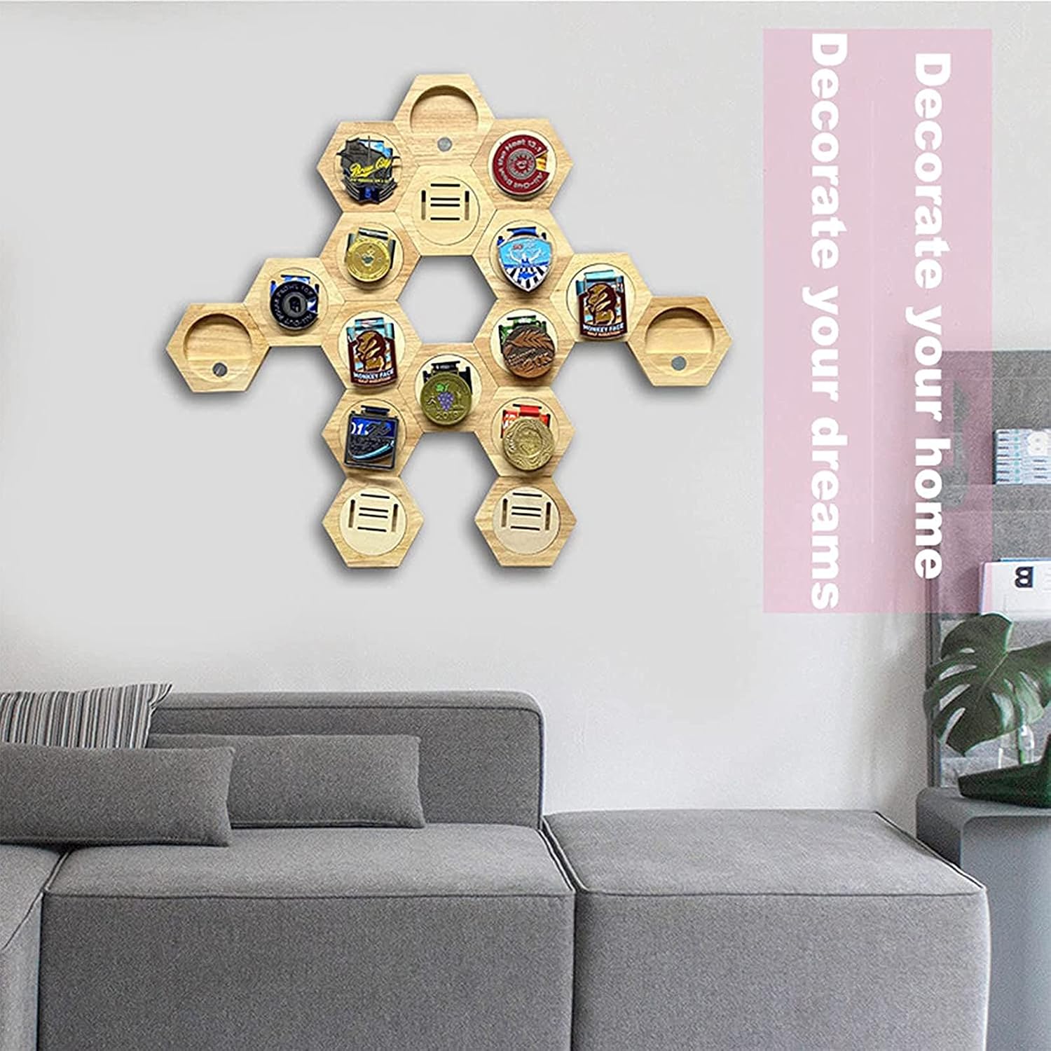 Hexagonal Medal Display Frame 24Pcs/Set Wood Medal Hanger Display Box Punch-Free Creative Stitching Sports Medal Holder, for Military/War/Sports Medal,24pcs