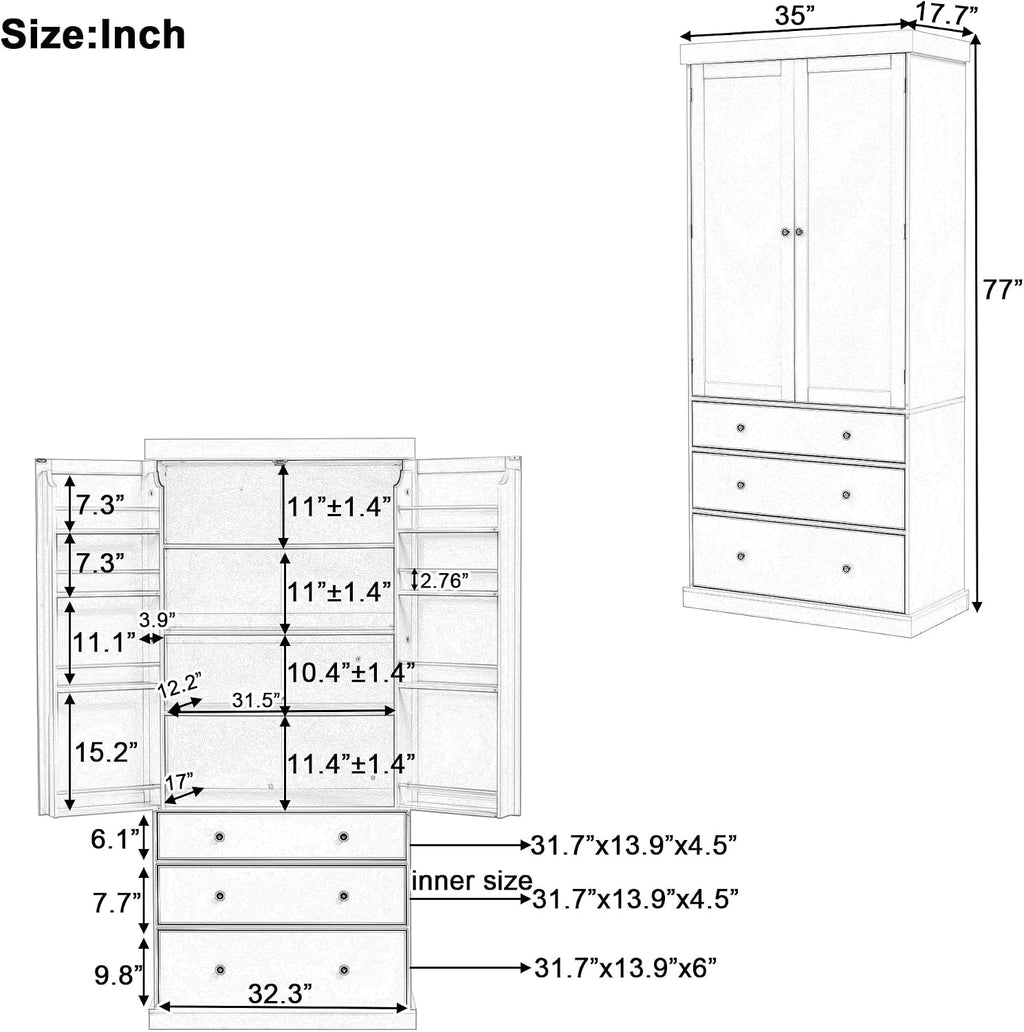 Ball & Cast 77' Freestanding Kitchen Pantry with 3 Drawers and Adjustable Shelves,Tall Cupboard Storage Cabinet with 8 Door Shelves, for Kitchen,Dining Room,Living Room,Apartment,Gray