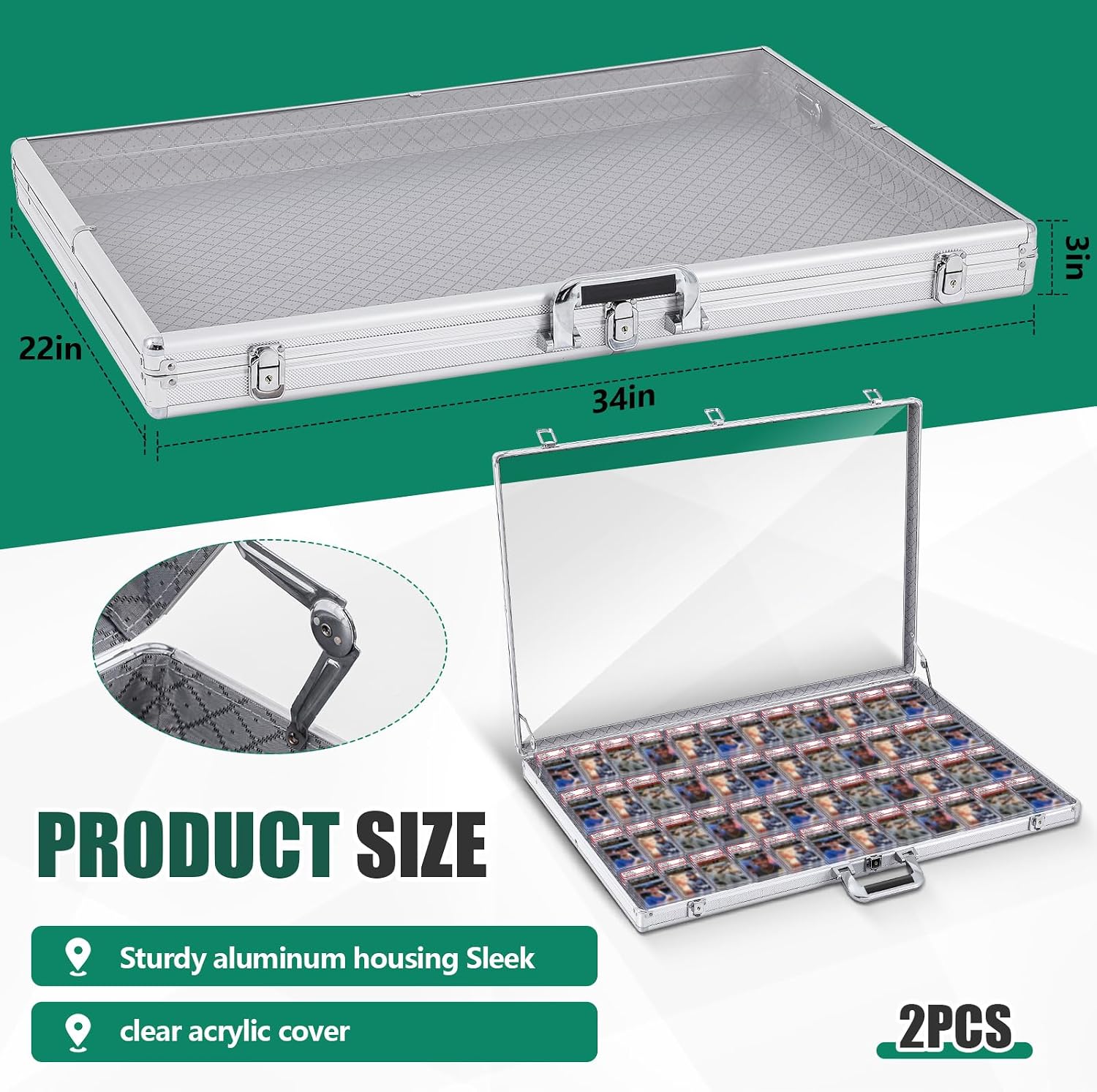 2 Pcs Card Show Display Case Trade Show Display Case Sport Aluminum Glass Table Top Portable Box with Clear Acrylic Showcase with Lock for Jewelry Craft Collect