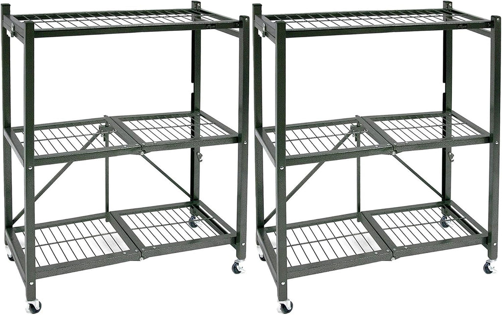 Origami 2 Pack 3 Tier Folding Shelves, Storage Shelving Rack Unit with Wheels, Pewter
