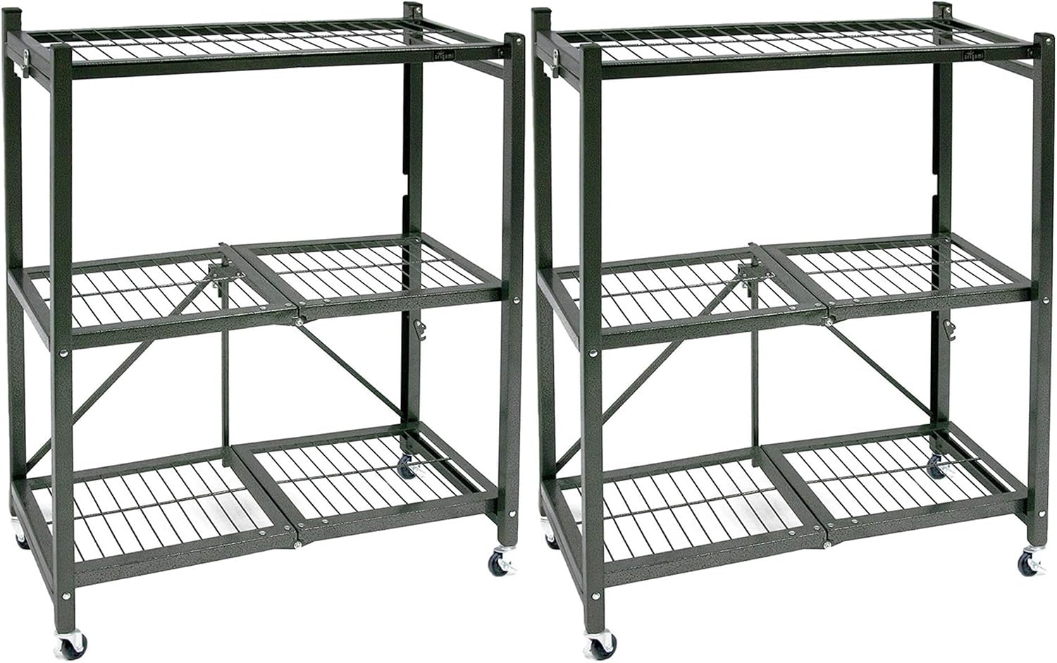 Origami 2 Pack 3 Tier Folding Shelves, Storage Shelving Rack Unit with Wheels, Pewter