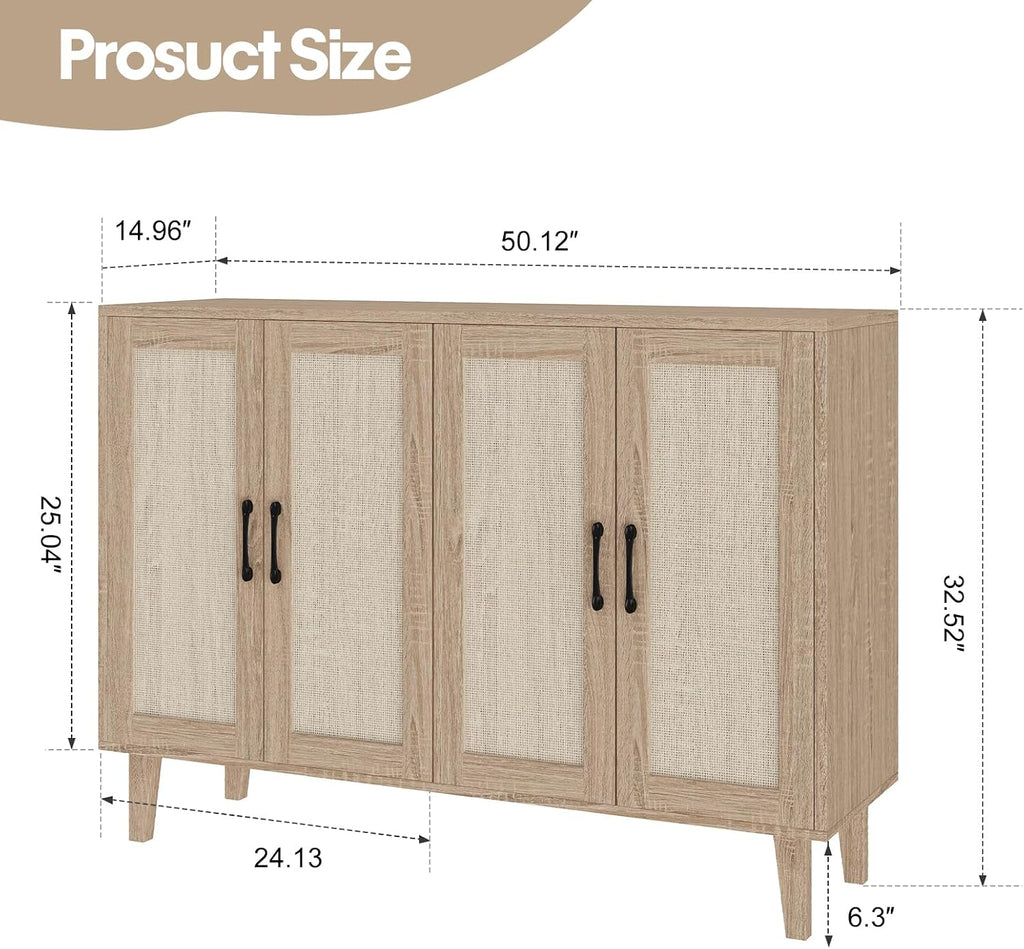 Panana Buffet Storage Cabinet with Rattan Decorating 4 Doors Living Room Kitchen Sideboard 48.43 x 34.65 x 15 inch (Natural Wood)
