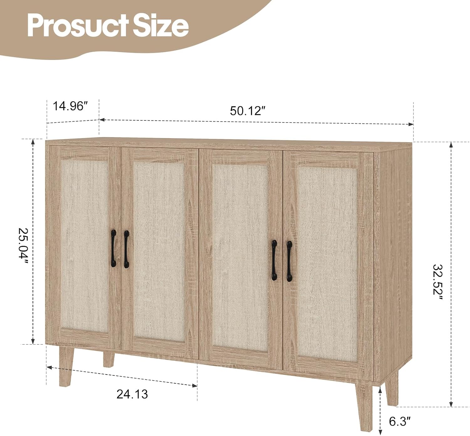 Panana Buffet Storage Cabinet with Rattan Decorating 4 Doors Living Room Kitchen Sideboard 48.43 x 34.65 x 15 inch (Natural Wood)