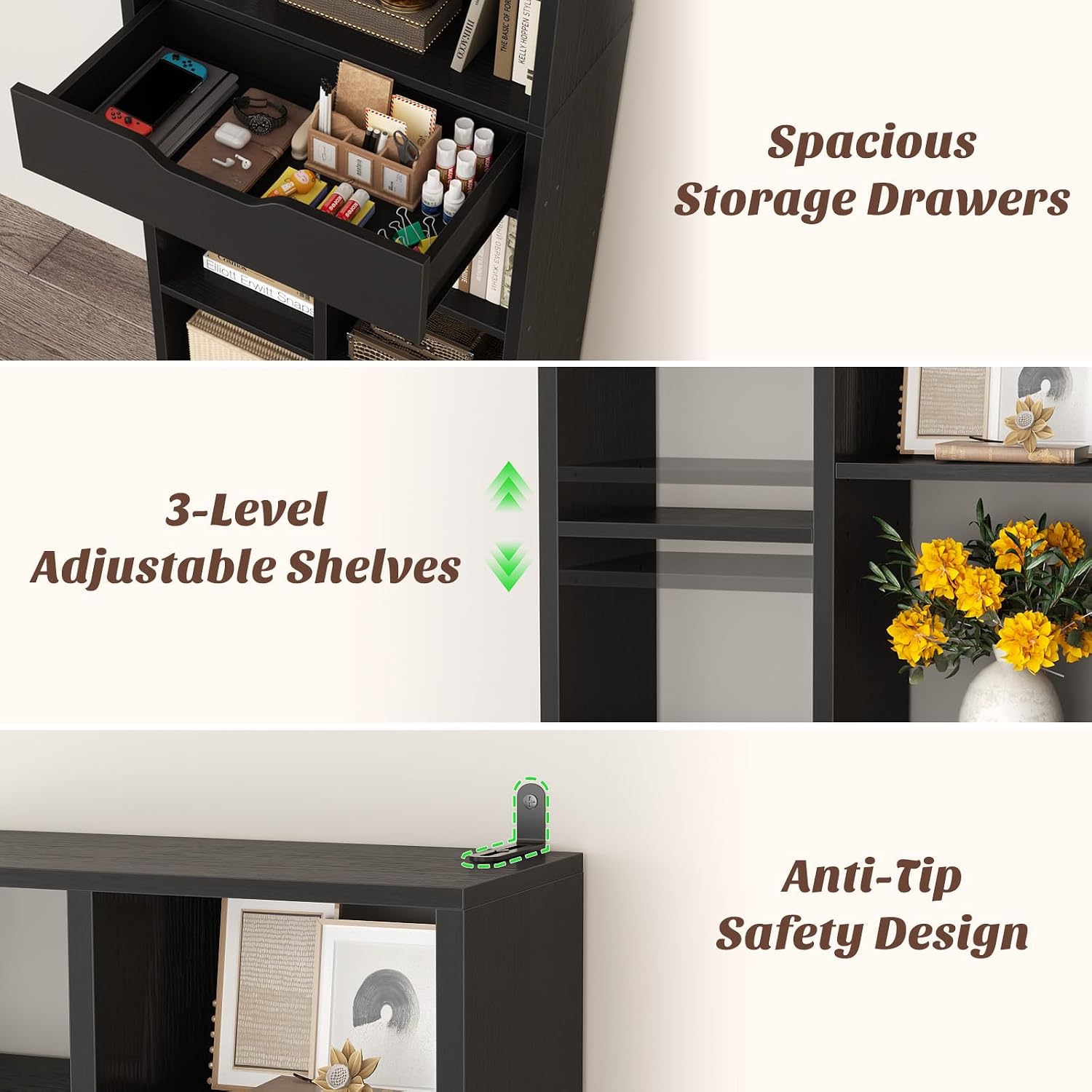 Armocity 16-Tier Tall Bookshelf Set of 2, 73.6' Narrow Freestanding Bookcase with 2 Drawers, Space-Saving Wood Display Shelves Storage for Living Room, Home Office Bedroom, Black