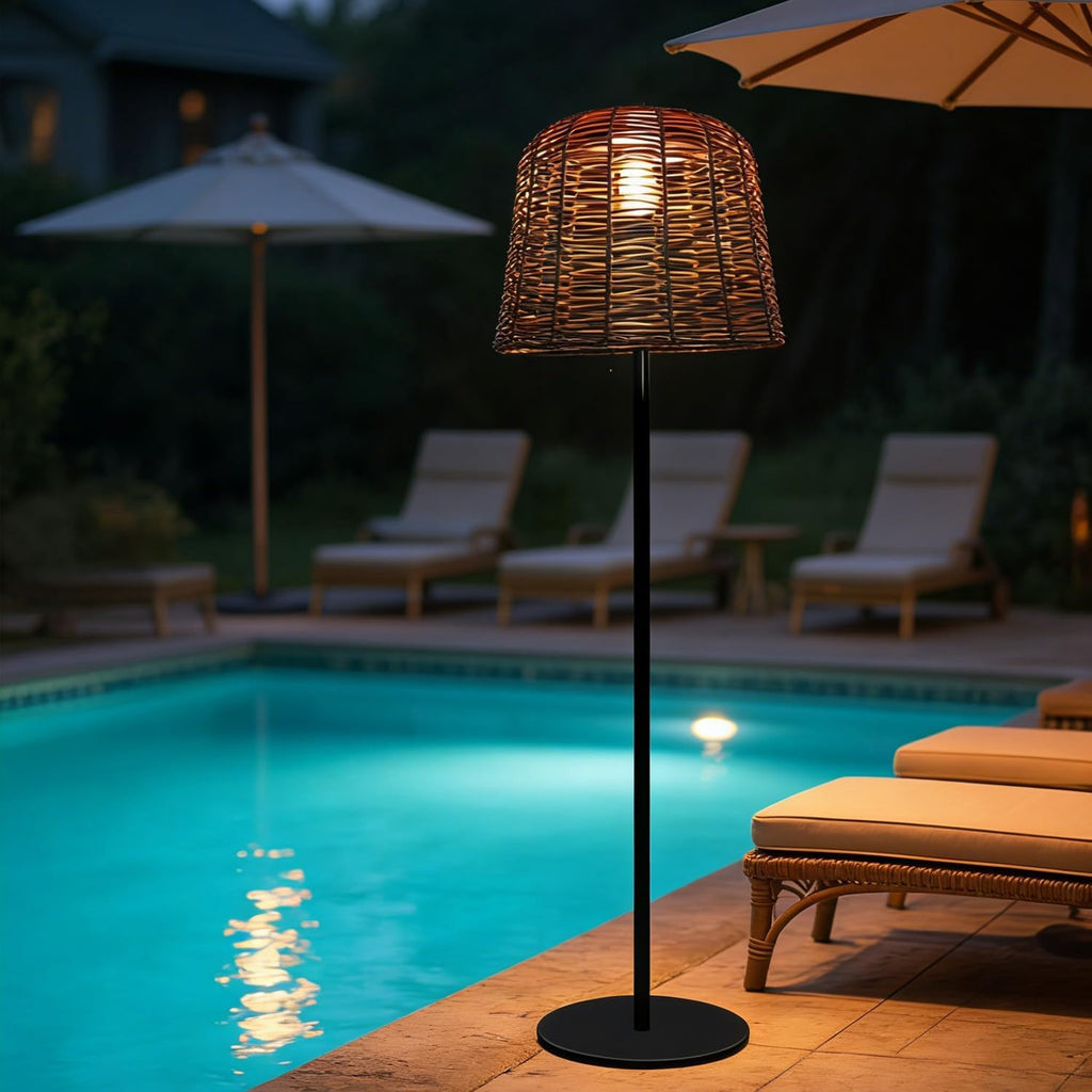 MIXL-Coffee Brown Outdoor Floor Lamp,Waterproof Wicker Shade Standing Lamp,Modern Farmhouse Dusk to Dawn Solar Light, 3000K Led Solar Outdoor Light for Patio Garden and Gazebo