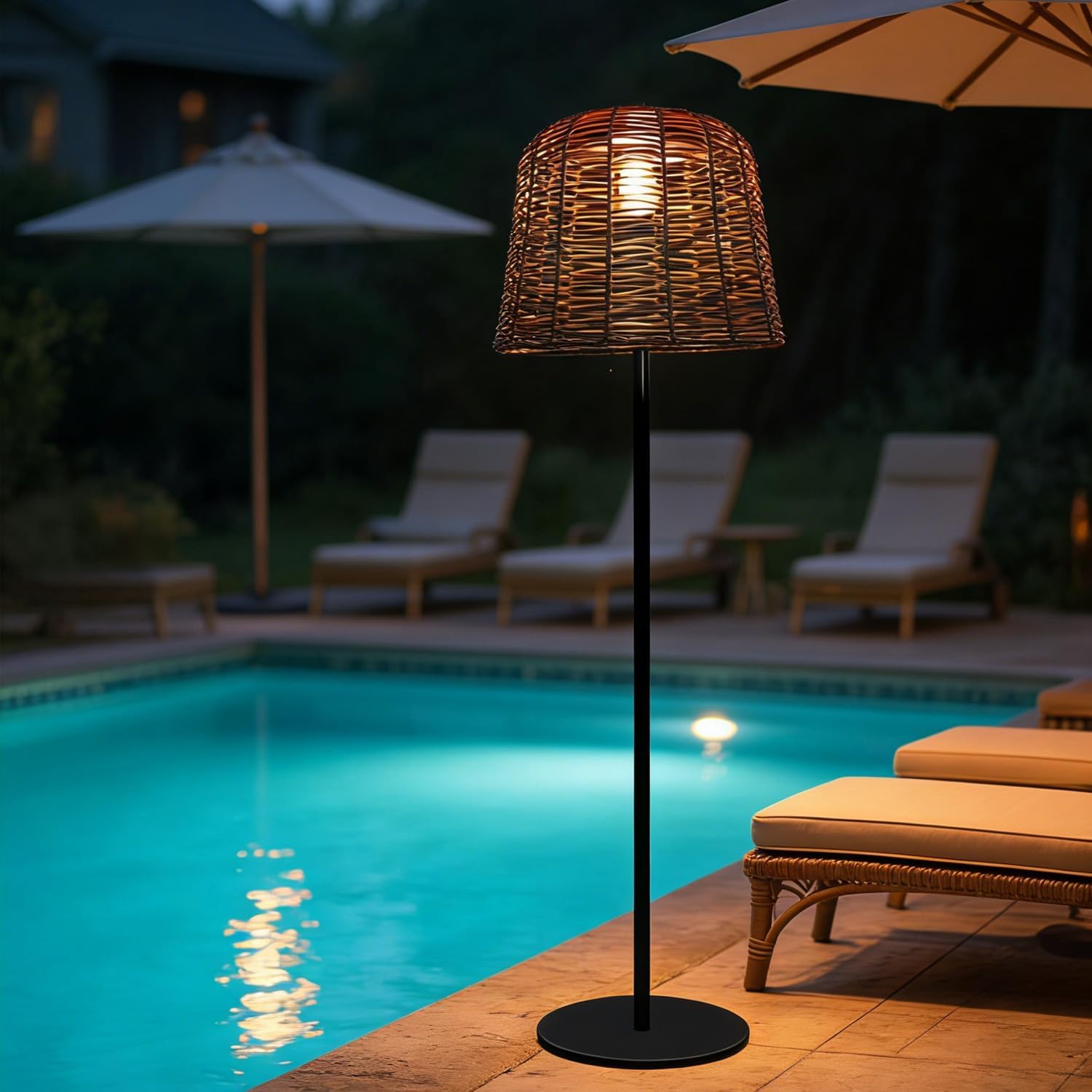 MIXL-Coffee Brown Outdoor Floor Lamp,Waterproof Wicker Shade Standing Lamp,Modern Farmhouse Dusk to Dawn Solar Light, 3000K Led Solar Outdoor Light for Patio Garden and Gazebo