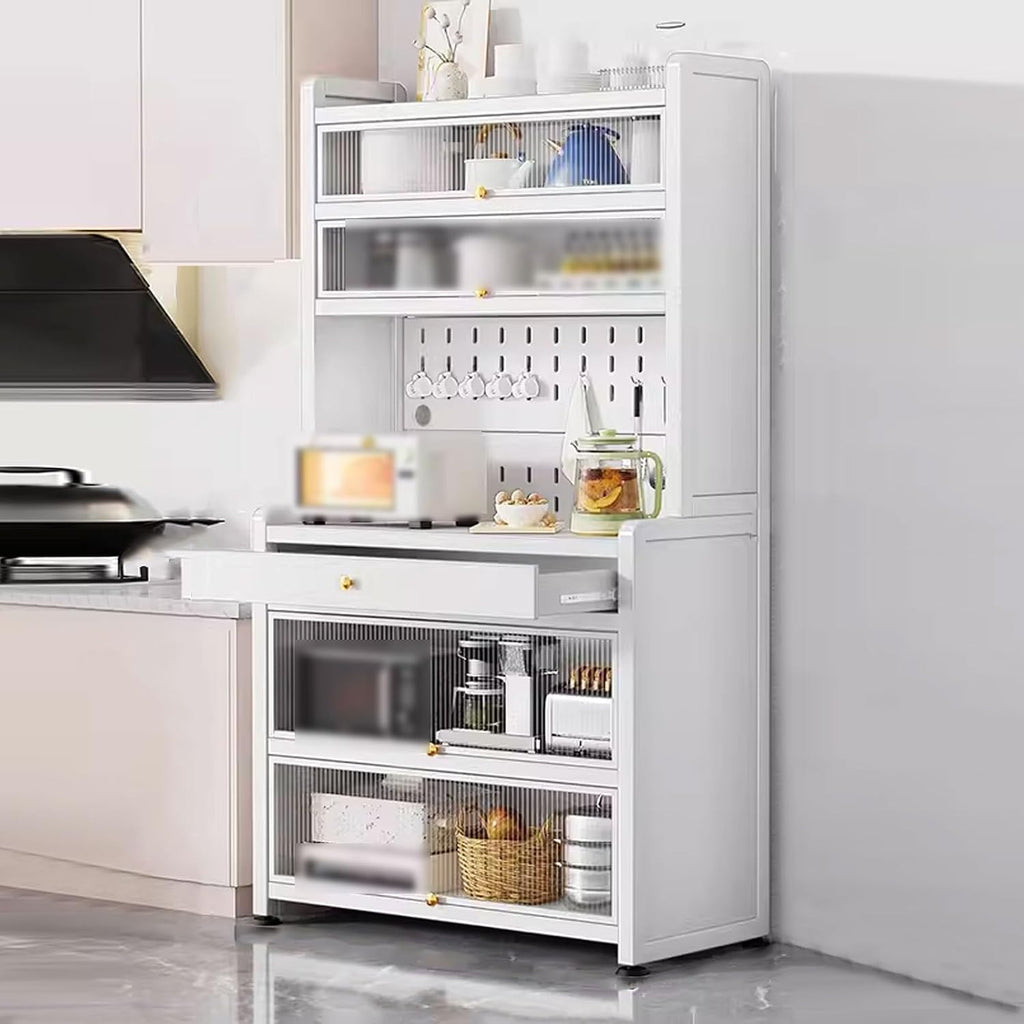 Kitchen Storage Rack with Doors Bakers Rack with Storage Cabinet Doors and Drawers, for Kitchen Dining Room Living Room(White,60 * 42 * 171cm)