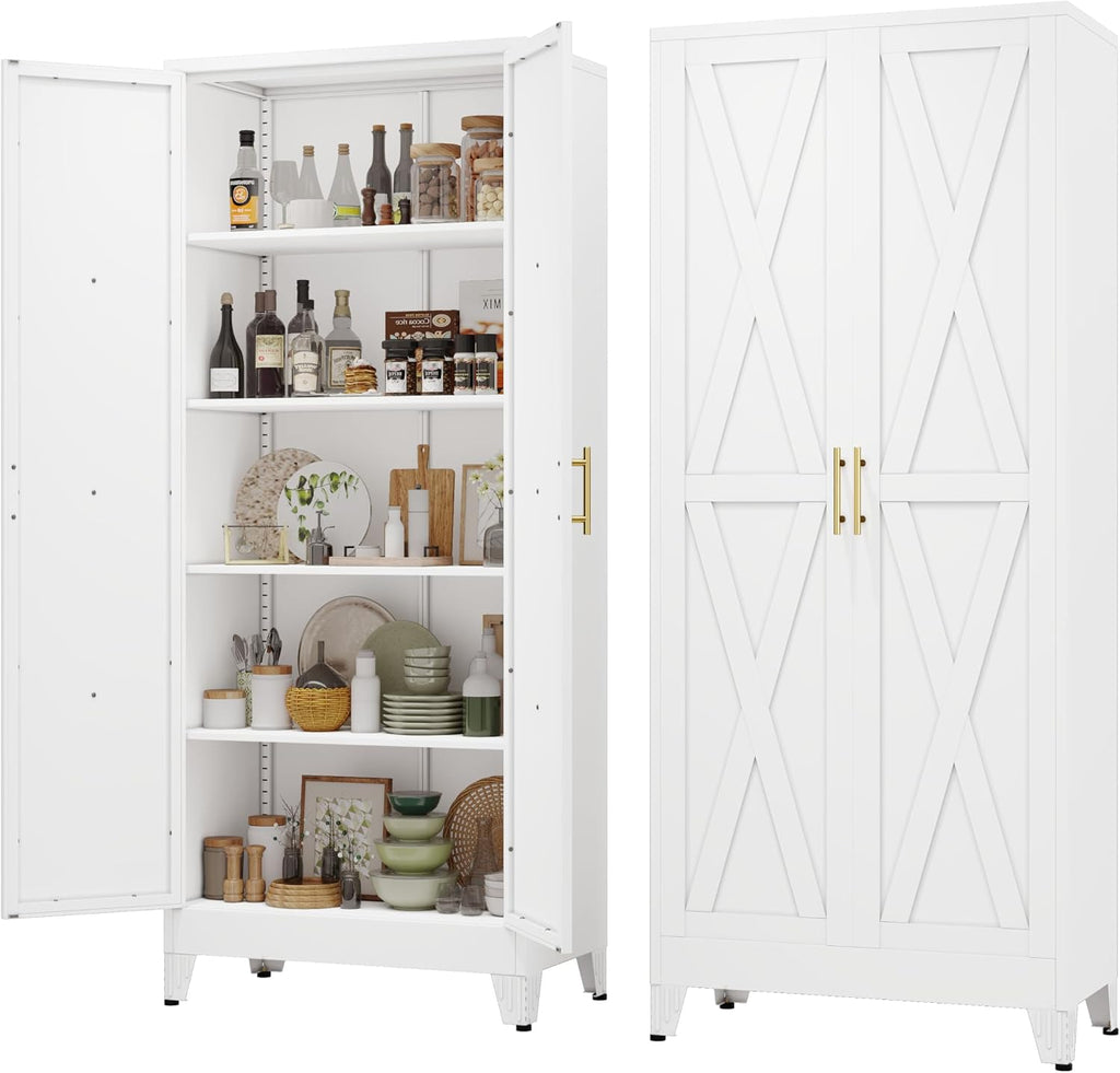 pozdeg 71' Tall Kitchen Pantry Cabinet, Metal Storage Cabinet with 2 Doors and 4 Adjustable Shelves, White Food Pantry Cupboard for Kitchen, Dining Room, Living Room and Bathroom (White)