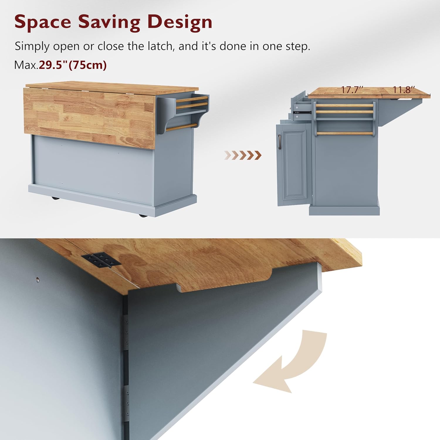 54' Rolling Storage Kitchen Island Cart on 4 Wheels with Drop Leaf, Embossed Texture, 4 Doors and 3 Drawers for Kitchen, Dining Room, Grey Blue, Rubber Wood Top