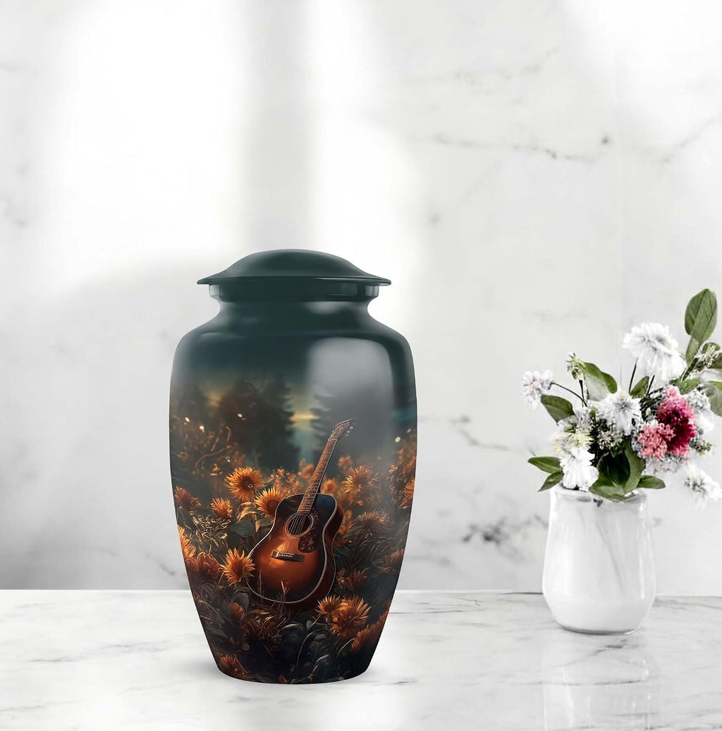 Guitar Small Urns for Human Ashes Adult Female - Green Urn for Ashes Male 3 Inch with 10 Inch Set - Funeral Cremation Urns for Daughter and Son - Adult Urn Mother and Father, 1 Large & 1 Mini