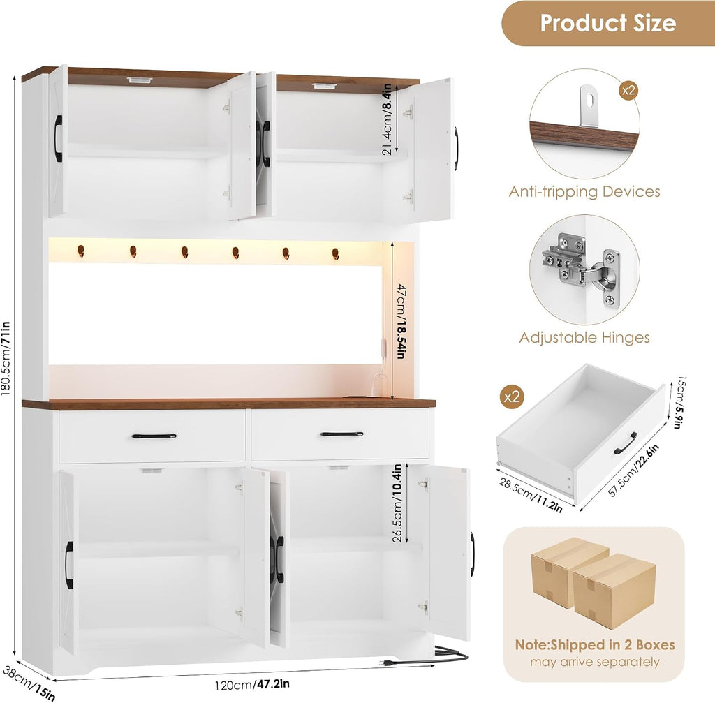 HIFIT 71' Tall Kitchen Pantry Cabinet with RGB LED and Charging Station, Farmhouse Coffee Bar Cabinet with Large Countertop and 6 Hooks, Kitchen Hutch Storage Cabinet, White