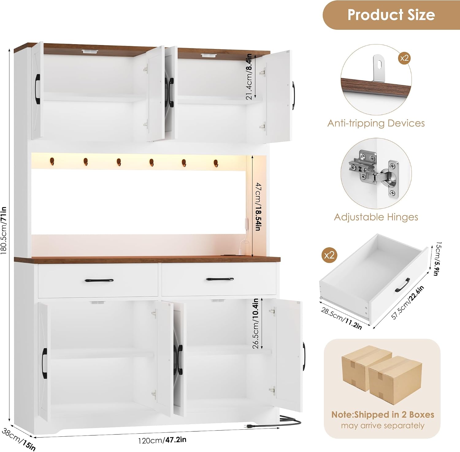 HIFIT 71' Tall Kitchen Pantry Cabinet with RGB LED and Charging Station, Farmhouse Coffee Bar Cabinet with Large Countertop and 6 Hooks, Kitchen Hutch Storage Cabinet, White