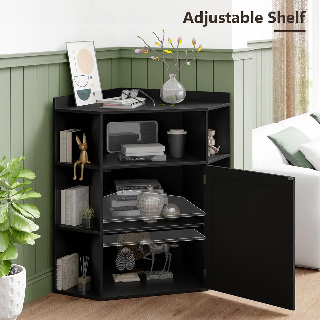 Vabches Corner Cabinet, Corner Storage Shelf with USB Ports and Outlets Industrial Organizer for Small Space Wooden 6-Cubby Bookshelf for Study, Playroom, Living Room (Black)