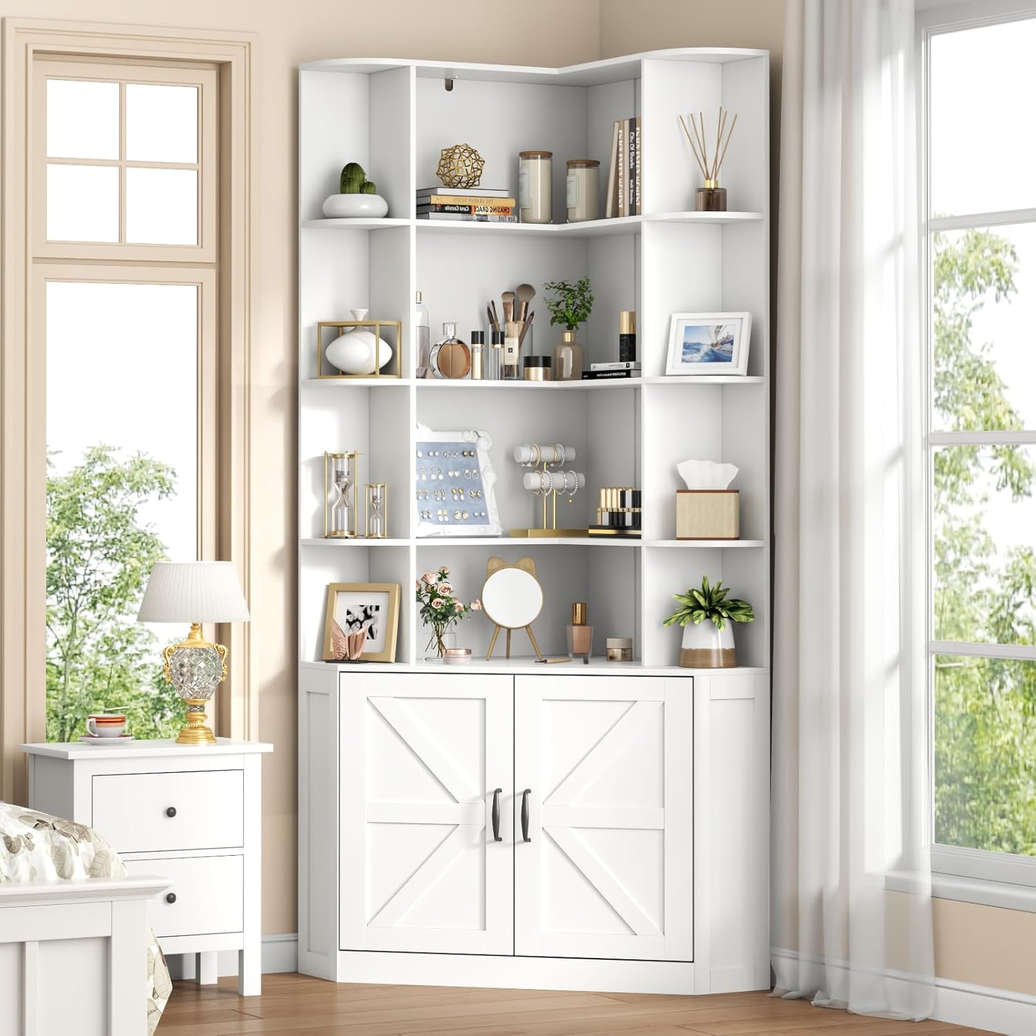 Corner Bookshelf with Doors, 6 Tier Corner Bookcase with Storage Cabinet, White L-Shaped Book Shelf with 8 Open Racks , Farmhouse Etagere Bookshelf with Full Baffle for Living Room Home Office (White)