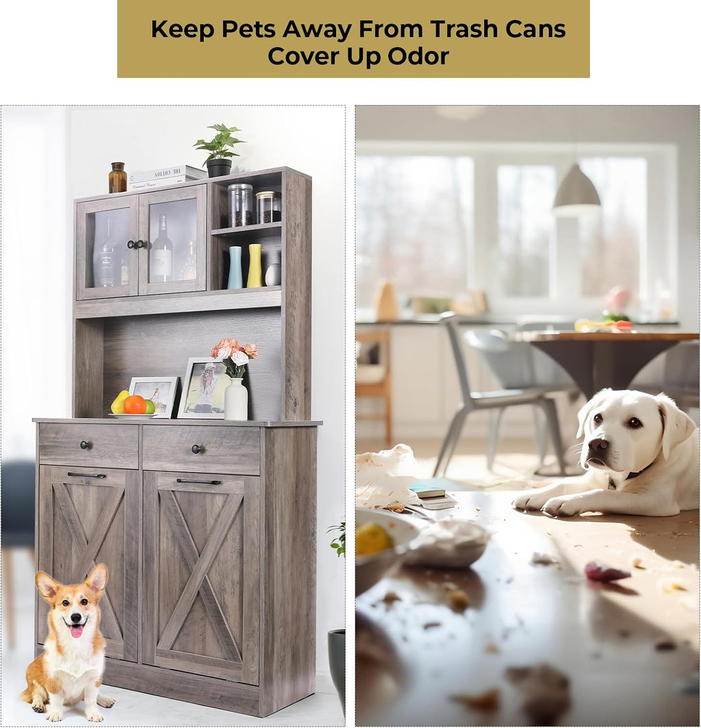 Arlopu Dual Tilt Out Trash&Storage Cabinet, Kitchen Sideboard Cupboard W/Pet Proof 10X2 Gal Hidden Garbage Holder, Freestand Laundry Sort Cabinet, W/Drawer, Shelves,Barn Door (Oak Grey)