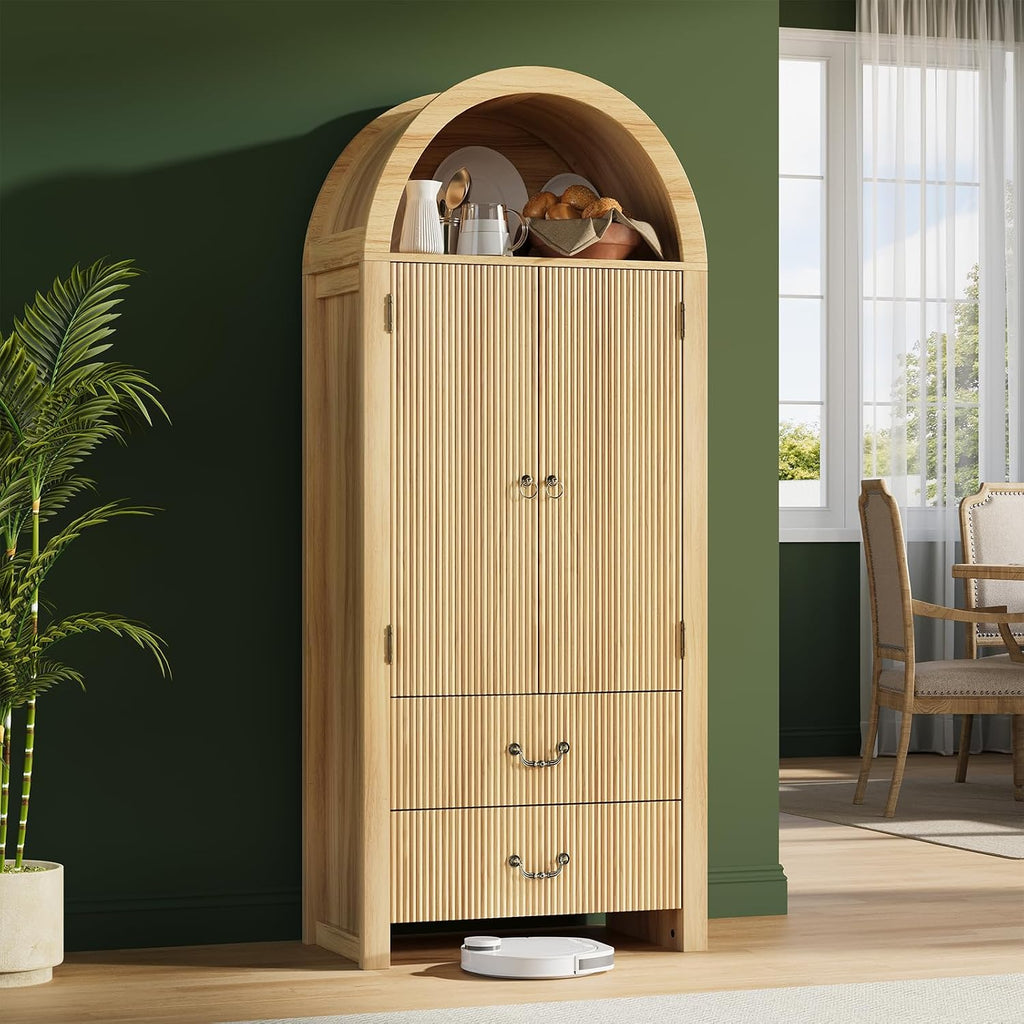 FURSUN 71' Tall Fluted Arched Cabinet Set of 2, Wood Pantry Storage Cabinet with 2 Large Drawers, Modern Versatile Bookcase for Living Room, Kitchen, Dining, Natural Oak
