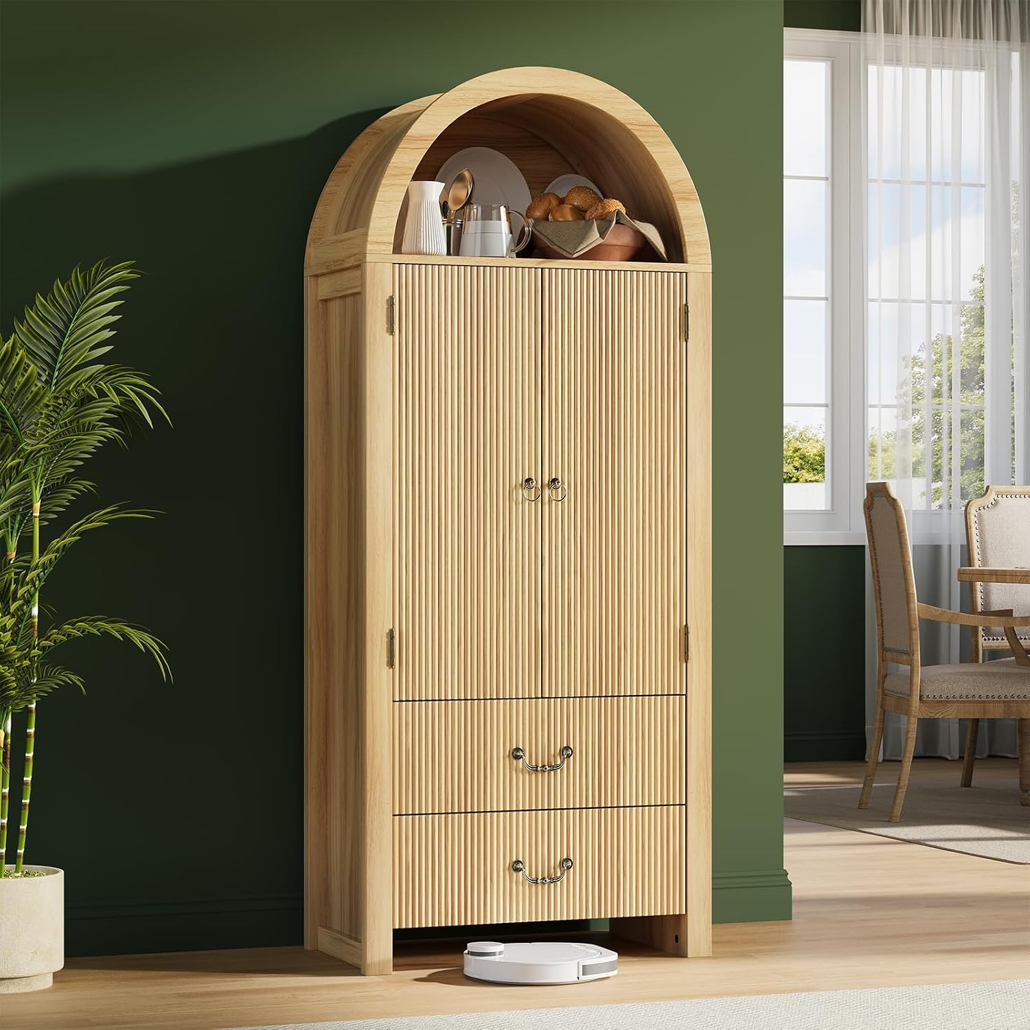 FURSUN 71' Tall Fluted Arched Cabinet Set of 2, Wood Pantry Storage Cabinet with 2 Large Drawers, Modern Versatile Bookcase for Living Room, Kitchen, Dining, Natural Oak