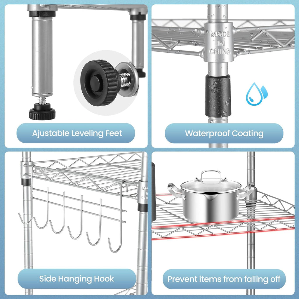 Himimi 6 Tier Storage Shelf Wire Shelving Unit Adjustable Rack Free Standing Organization with Leveling Feet, Stainless Side Hooks for Laundry Bathroom Kitchen Pantry Closet,2-Pack Shelves,Silver