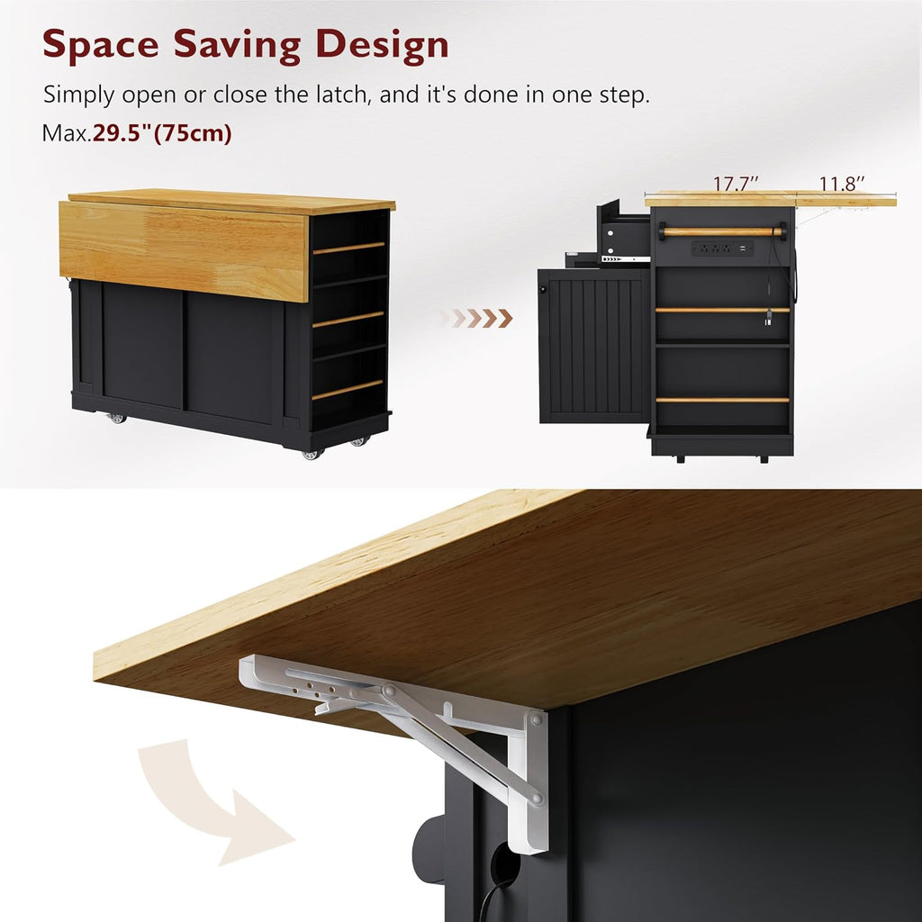 48 Inch Rolling Kitchen Island Storage Cart on 5 Wheels with Drop Leaf, Power Outlet, Door Internal Storage Rack, 5 Open Side Racks, 2 Drawers for Dining Room, Home Bar, Black
