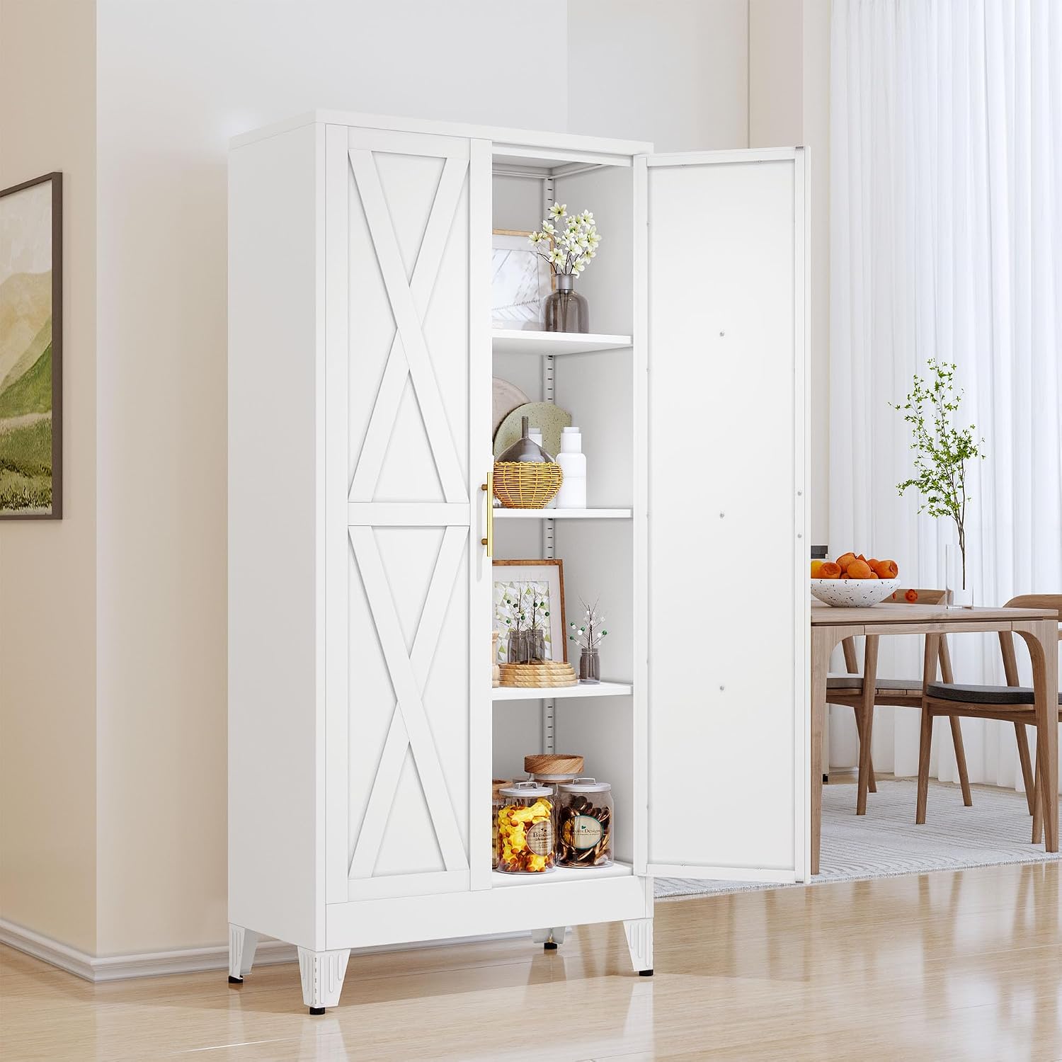 61' Kitchen Pantry Cabinet, Metal Storage Cabinet with 2 Doors and 3 Adjustable Shelves, White Food Pantry Cupboard for Kitchen, Dining Room, Living Room and Bathroom (White)